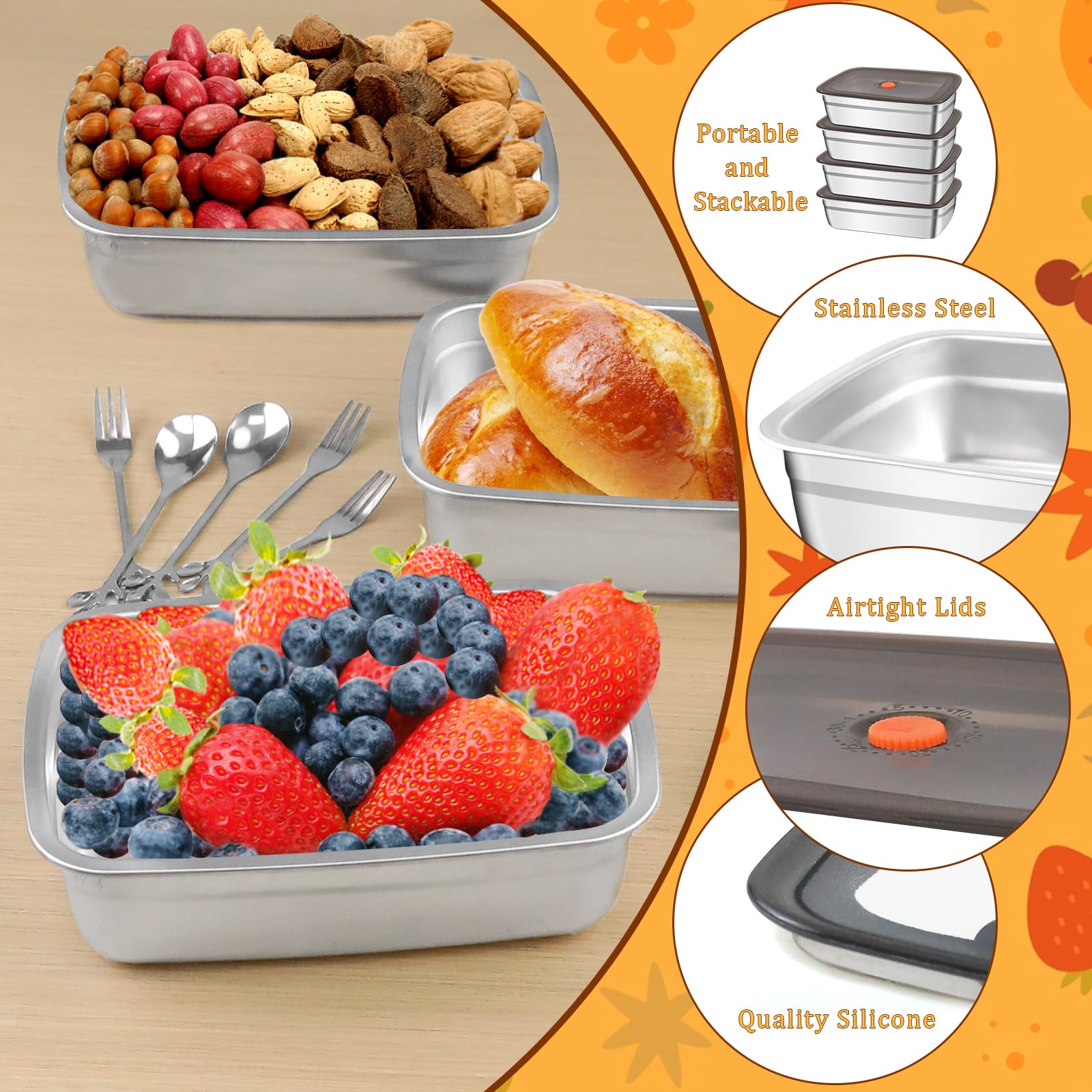 10 recipientes de almacenamiento de alimentos de acero inoxidable 316, tapas herméticas, 1500 ml, contenedor de metal para refrigerador, contenedor de comida de metal