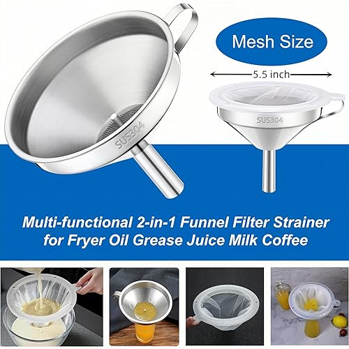 Miniatura 5 de Embudo para llenar botellas, embudo de cocina de acero inoxidable 188 de grado alimenticio de 5 pulgadas con filtro de malla 200 colador