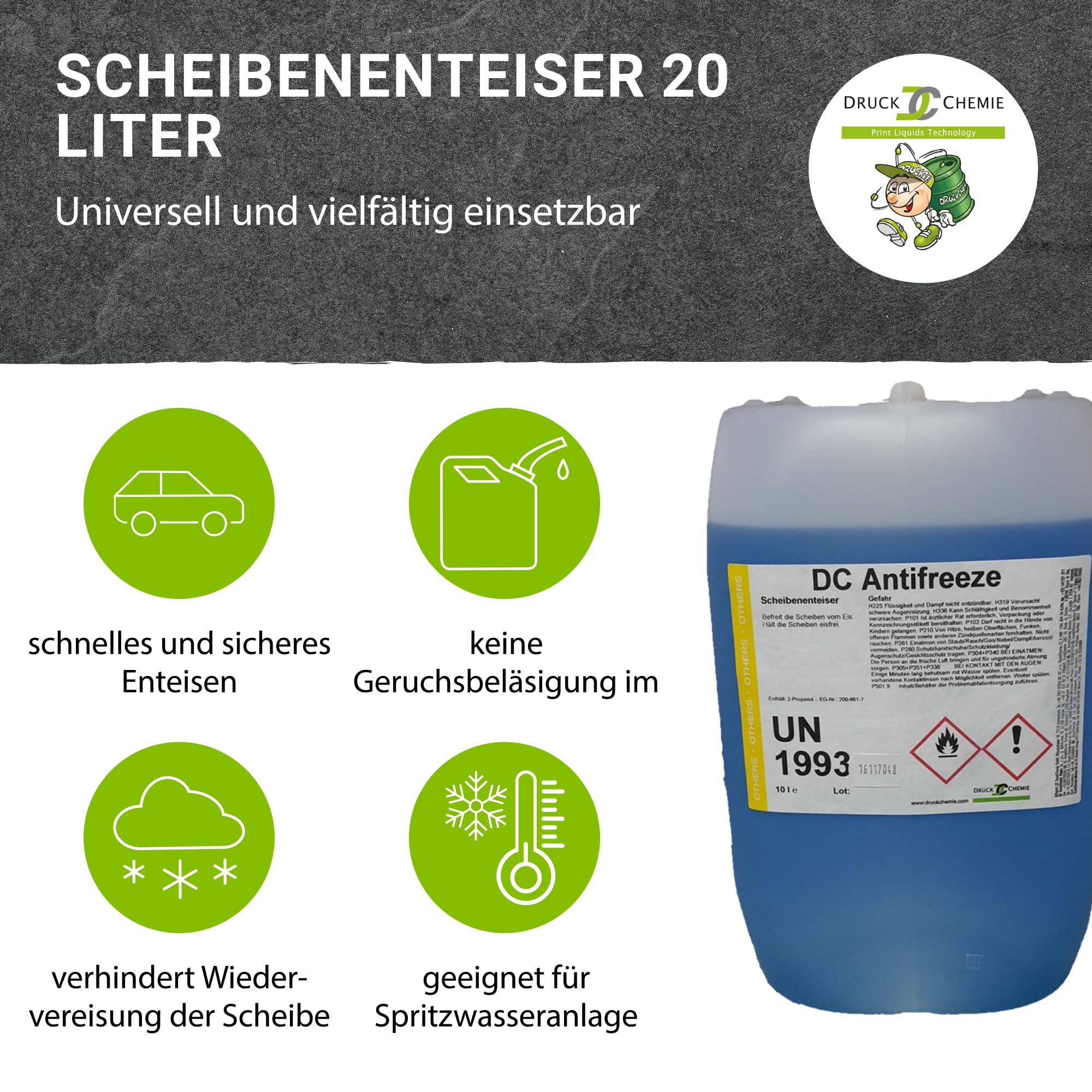 DC DruckChemie GmbH Antifreeze Scheibenenteiser Auto im 20L Kanister - Leistungsstarker Entfroster für Autoscheiben, Seitenspiegel & Scheinwerfer