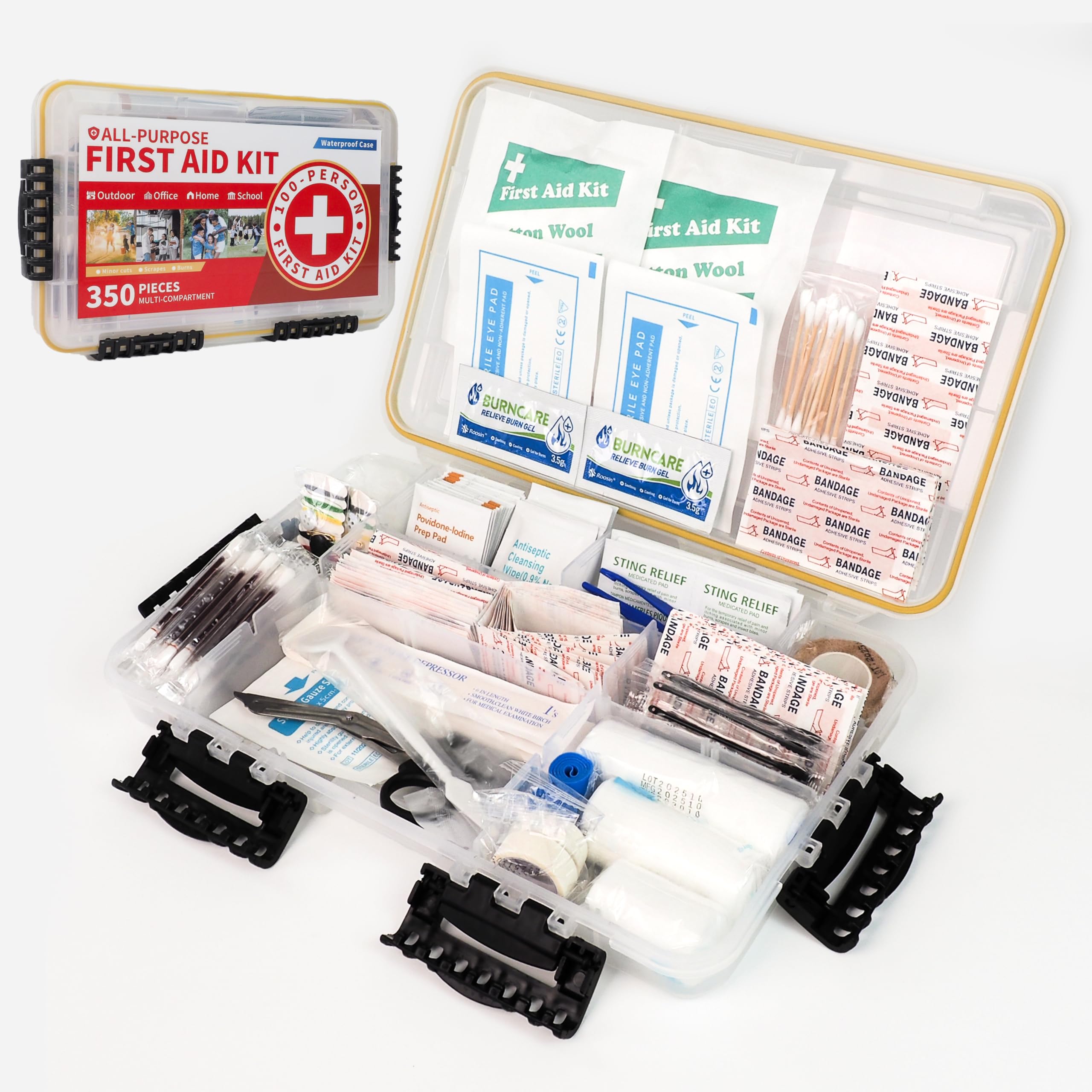 Prelady Kit de primeros auxilios de emergencia multiusos de 350 piezas para 100 personas, estuche de plástico impermeable, claramente organizado para una recuperación rápida, perfecto para el hogar
