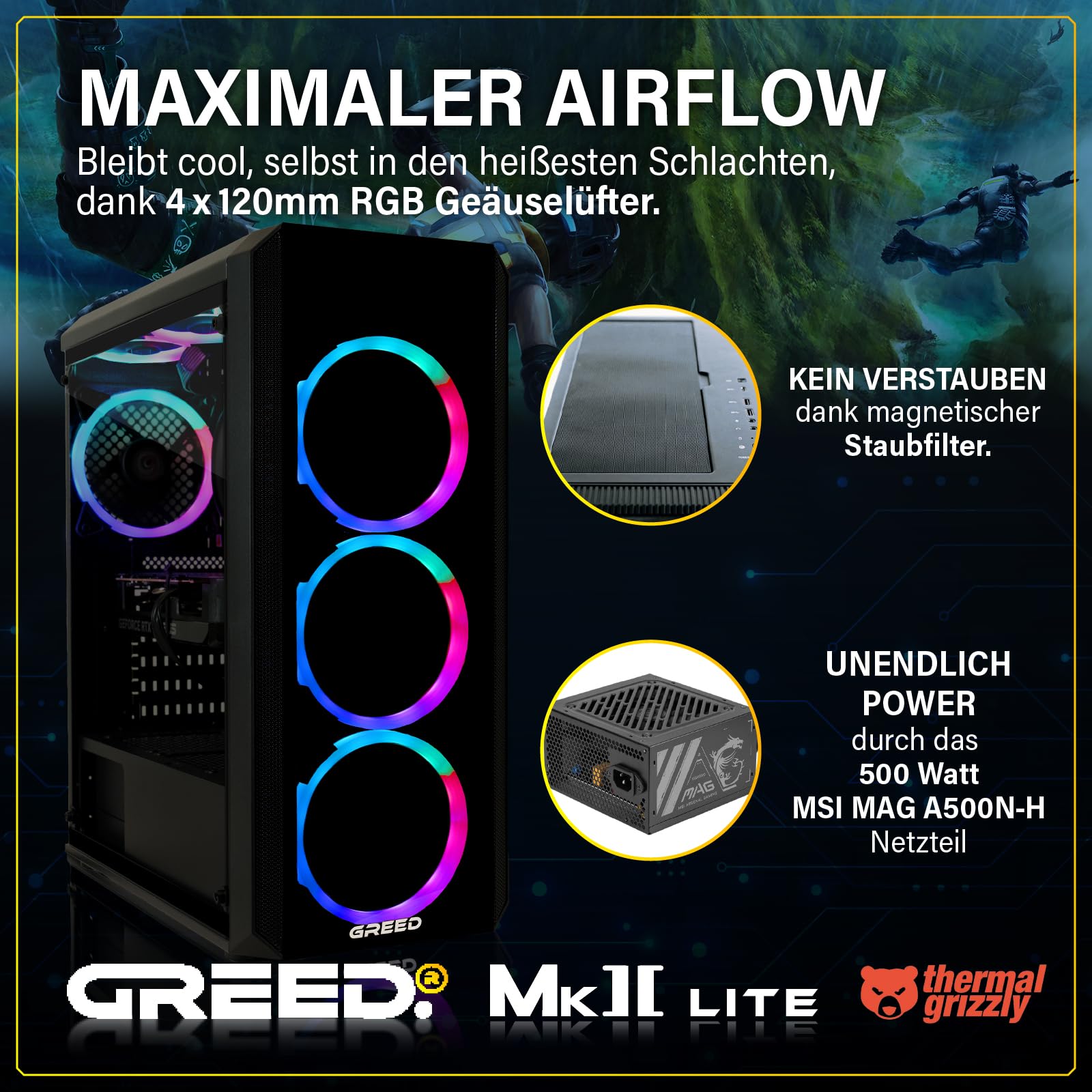 Greed® MK2 Basic - Entry Gaming PC mit Intel Core i5 10400F + Nvidia Geforce RTX 3050 - Ultra Schneller RGB Computer + 4K Raytracing Rechner mit 4,30 GHZ - 16 GB DDR4 RAM - 512 GB SSD - WLAN + W11 Pro