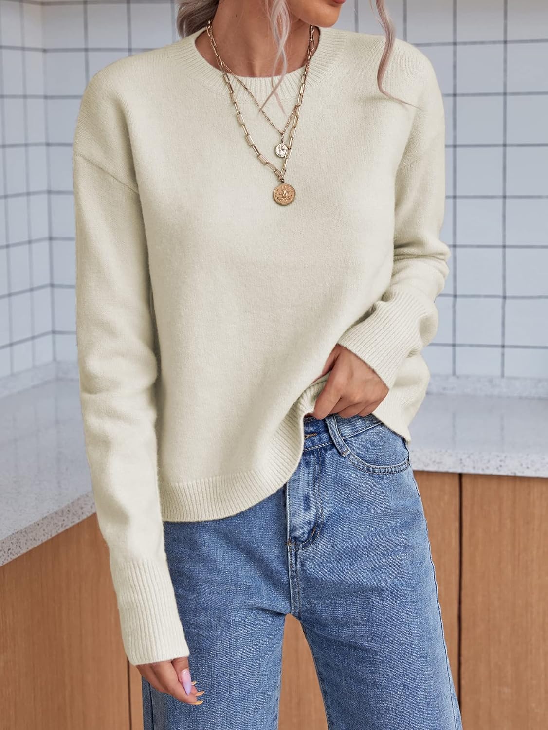 Women's Sweater Solid Drop Shoulder Sweater Sweater for Women (Color : Beige, Size : Medium)