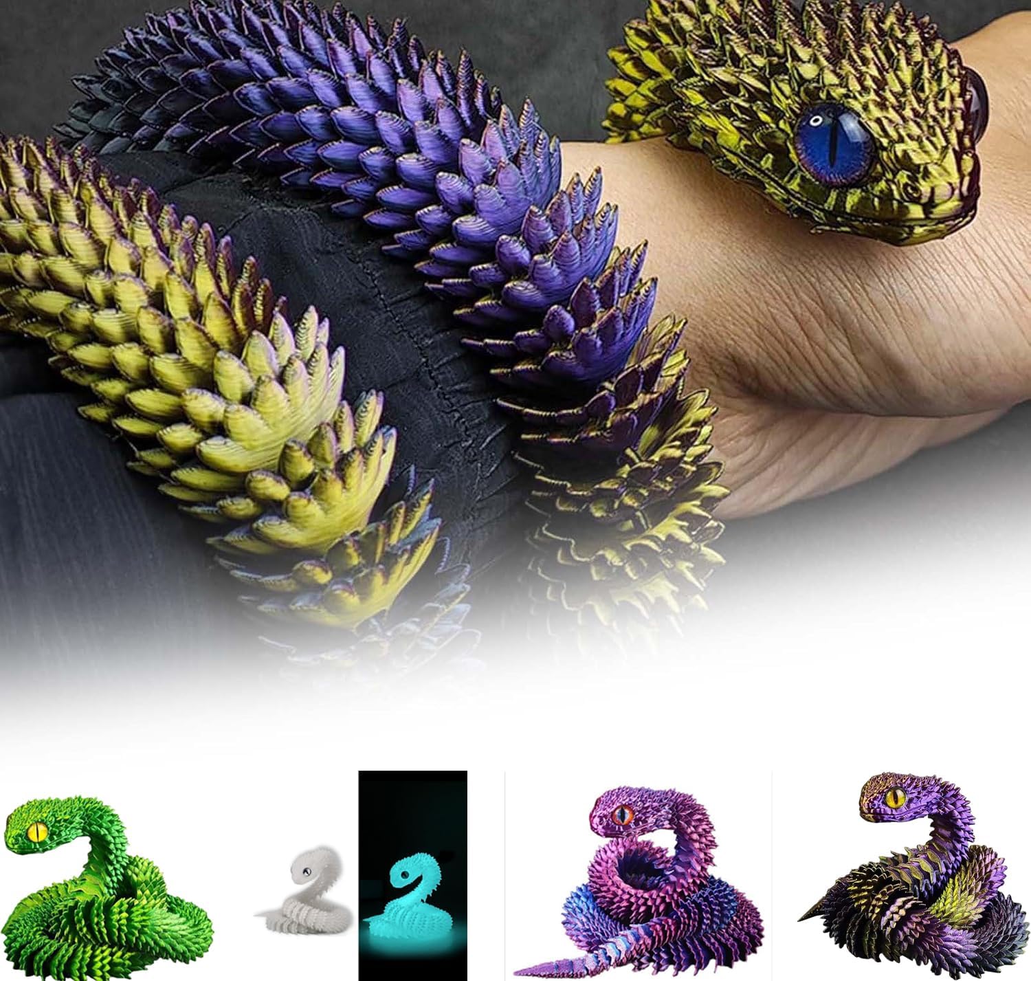 3D Printed Animals Snake Toys, 3D Printed Snake Movable Joint ,3D Printed Fidget Toys for Home Office Decor, 3D Printed Animals Toy Adults Fidget Toys (Fluorescent Blue, M)
