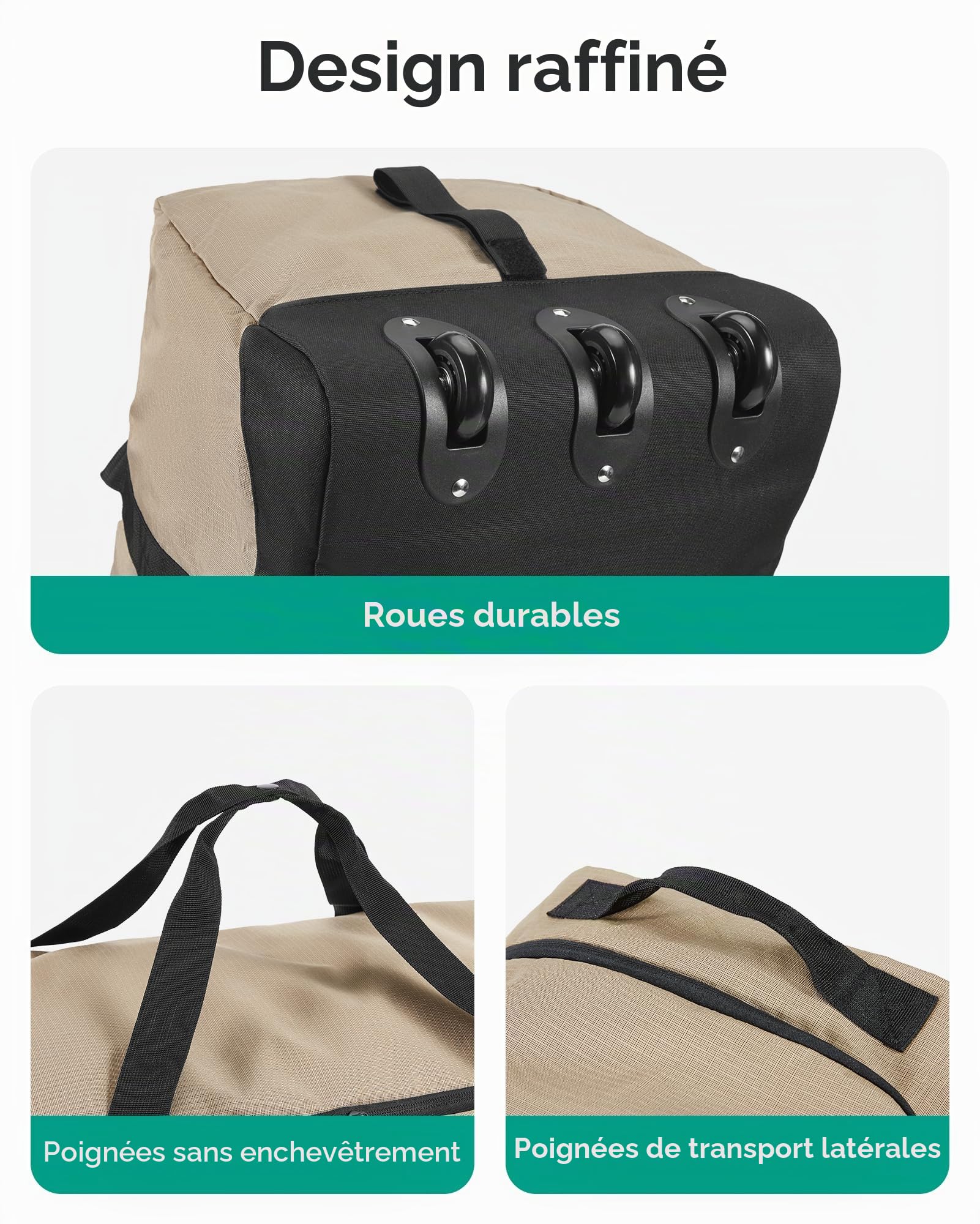 BAGSMART Sac de voyage pliable avec roulettes, 80 l, léger, 3 rouleaux, grand sac de voyage pour homme et femme, peut être enroulé et rangé, marron