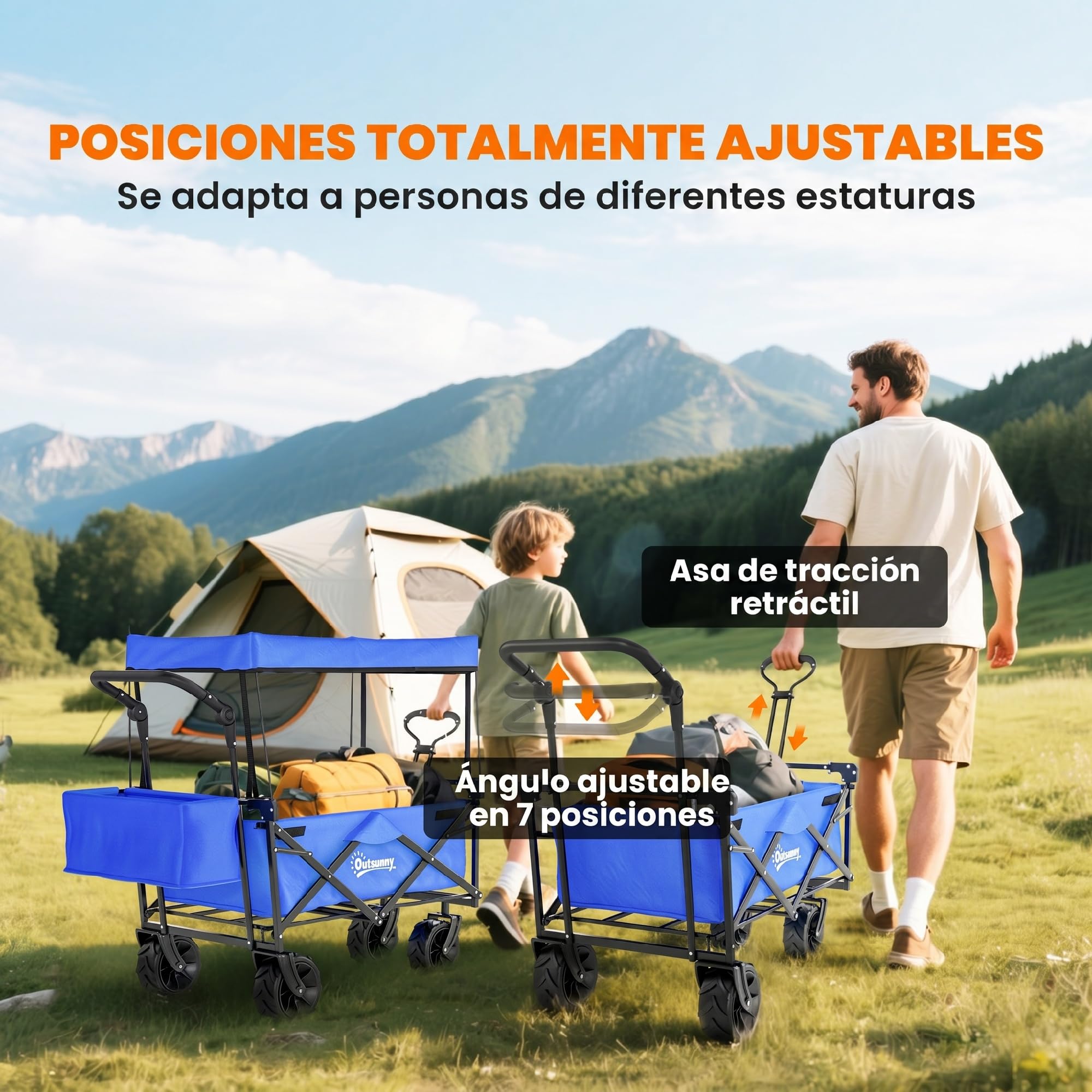 Outsunny Carro Transporte Plegable Ruedas Universales 117x55x98 cm Azul | Carro de Mano Plegable, Toldo, Manillar Regulable en Altura, Carga Máx. 68 kg, Carro Playa Plegable, Jardín Camping