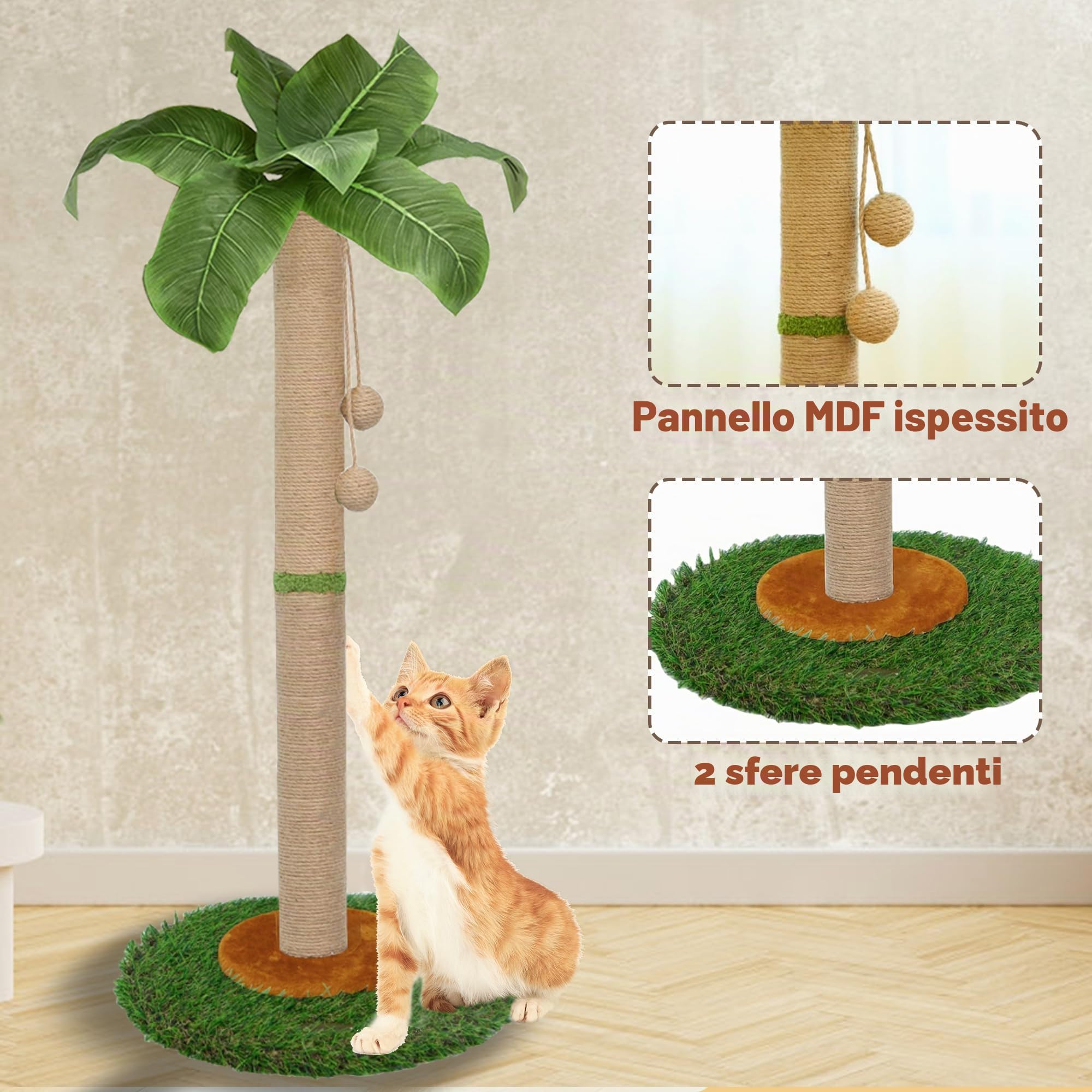 Tiragraffi per gatti e gattini da interni, altezza 80 cm, con corda in sisal, palma tiragraffi con palla appesa (80 cm)