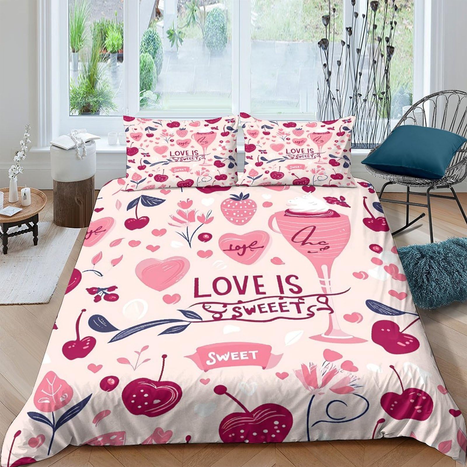Ctjqhvkz Style-2 3D Printed Pink Cherry Heart Fitted Sheet Microfiber Soft Romantic Love Letter Bed Cover For Bedroom Guest Room Single（135X200cm）