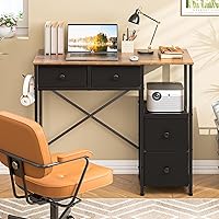 3IngSeagulls Small Computer Desk with 4 Fabric Drawers - Compact Rustic Brown Writing Desk for Home Office, Bedroom Study, Reversible Design