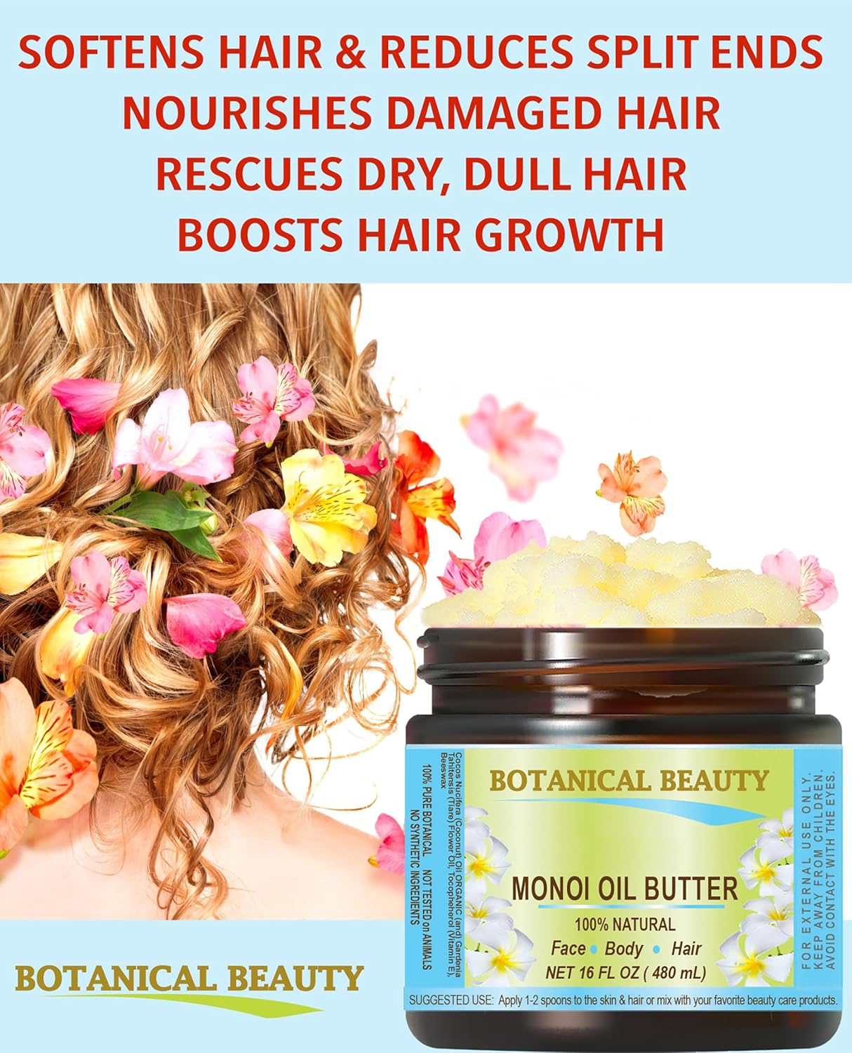 Botanical Beauty MONOI OIL BUTTER Pure Natural Virgin Unrefined RAW for FACE, SKIN, BODY, DAMAGED HAIR, NAILS (8 Fl Oz)