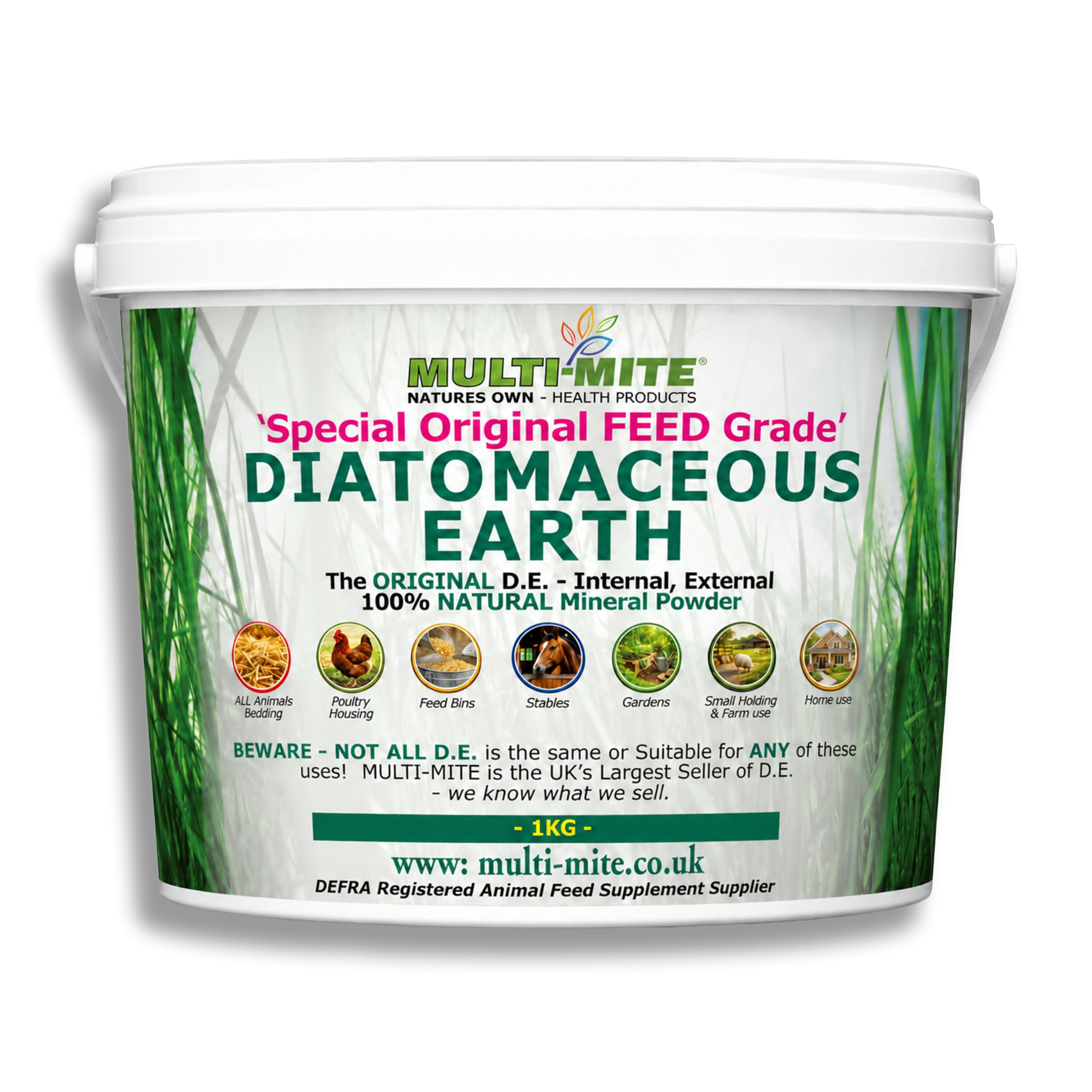 MULTI-MITE 1KG Bucket Feed Grade Diatomaceous Earth DE Powder for Dogs Cats Poultry Animal Bedding & Housing Pet Areas, Stables, Gardens. 100% Natural Highly Absorbent & Desiccating DEFRA Registered