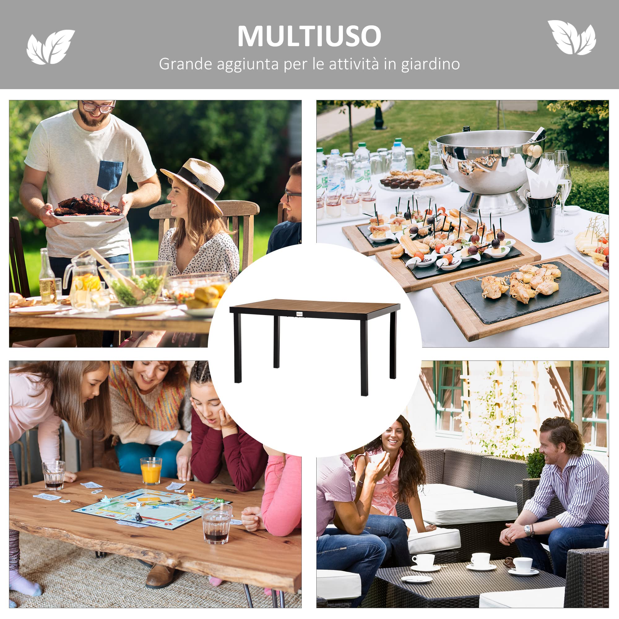Outsunny Tavolo da Giardino per 6 Persone in Alluminio, Tavolo da Esterno in Plastica per Terrazzo e Balcone, Nero e Color Legno