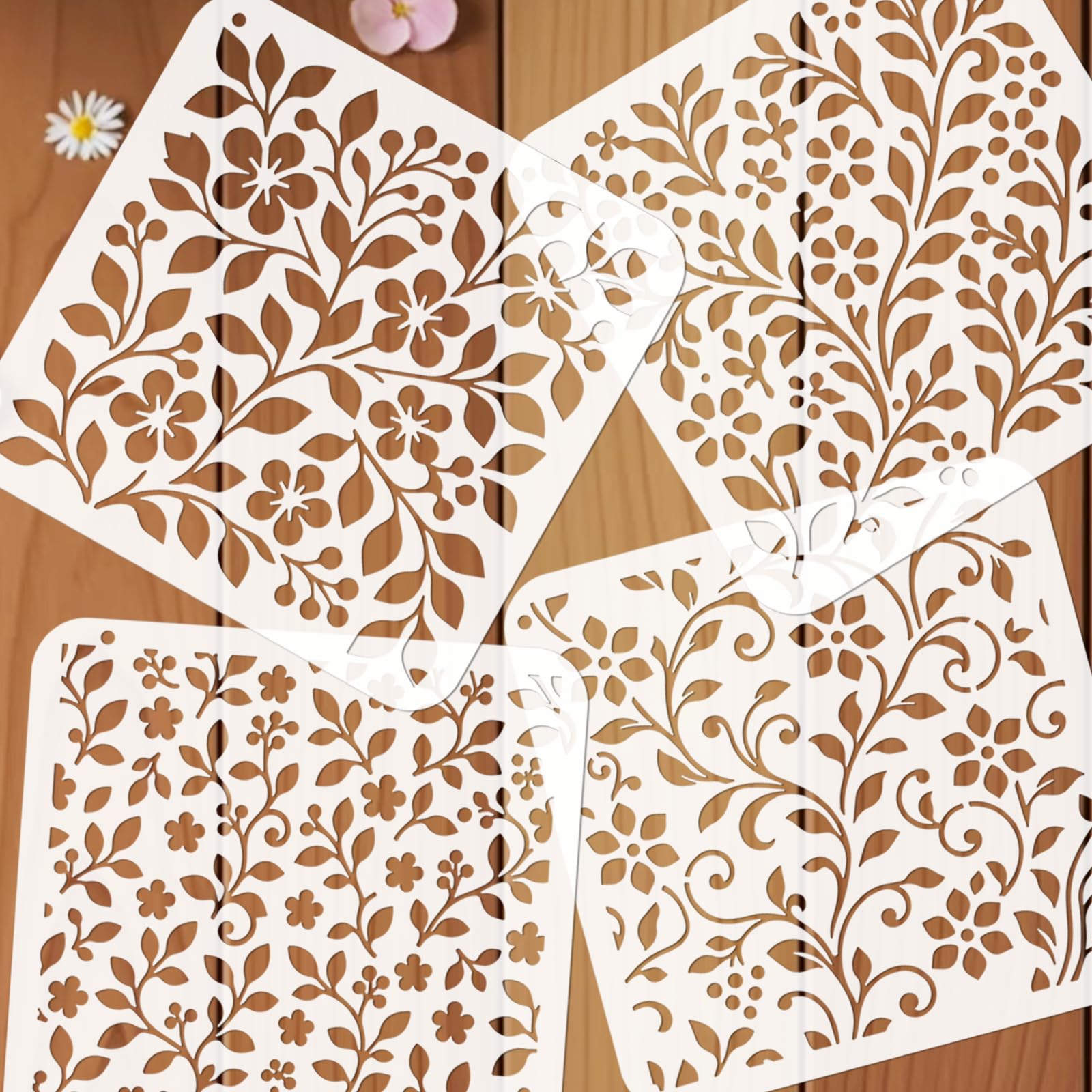 4 stencil per dipingere, riutilizzabili, delicati modelli artistici botanici per pareti, tela, mobili, tessuto e decorazioni fai da te, 4 pezzi