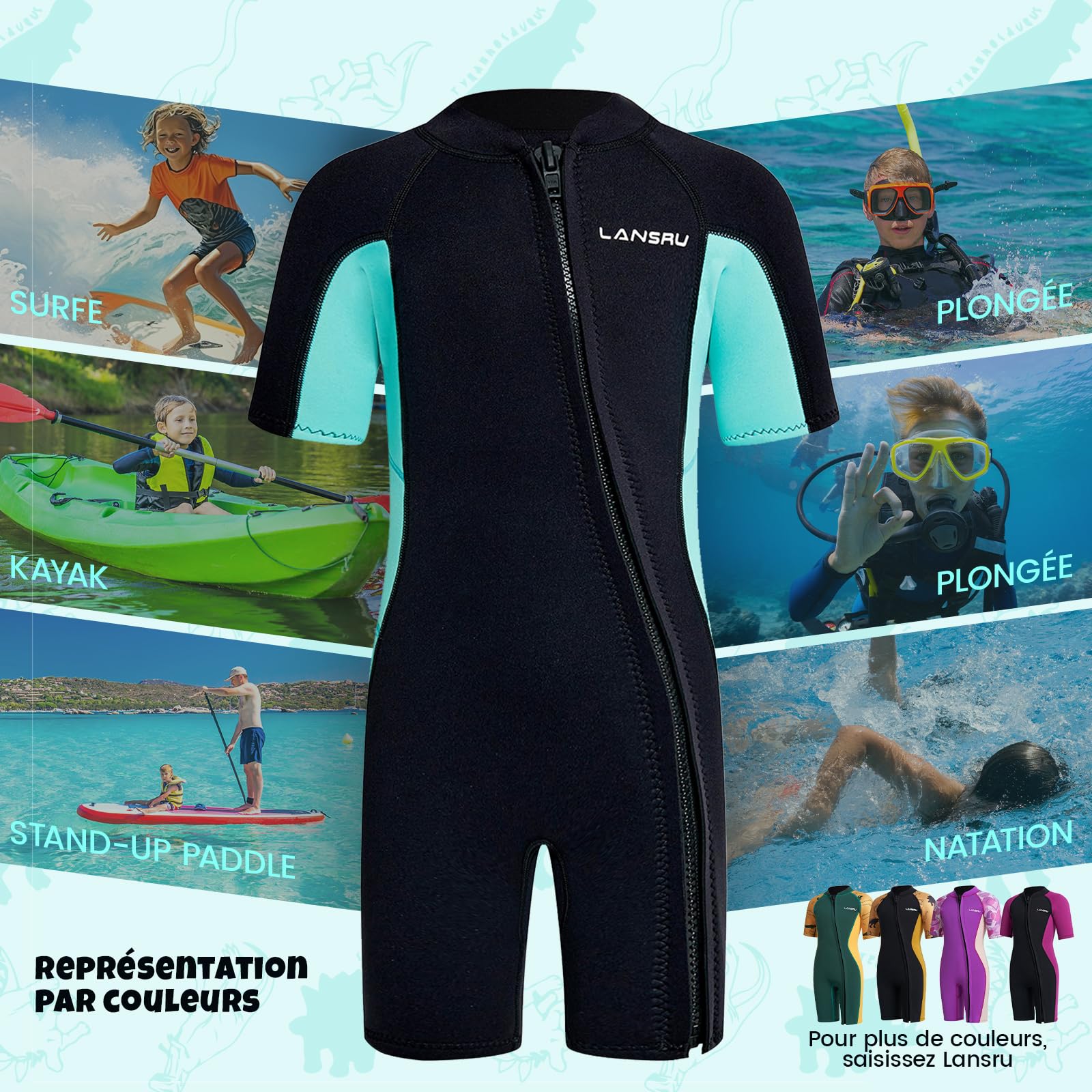 Combinaison Courte en néoprène SCR de 2,5 mm pour Enfants avec Protection UV, Fermeture éclair Oblique à l'avant, Garde Les Adolescents au Chaud dans l'eau Froide