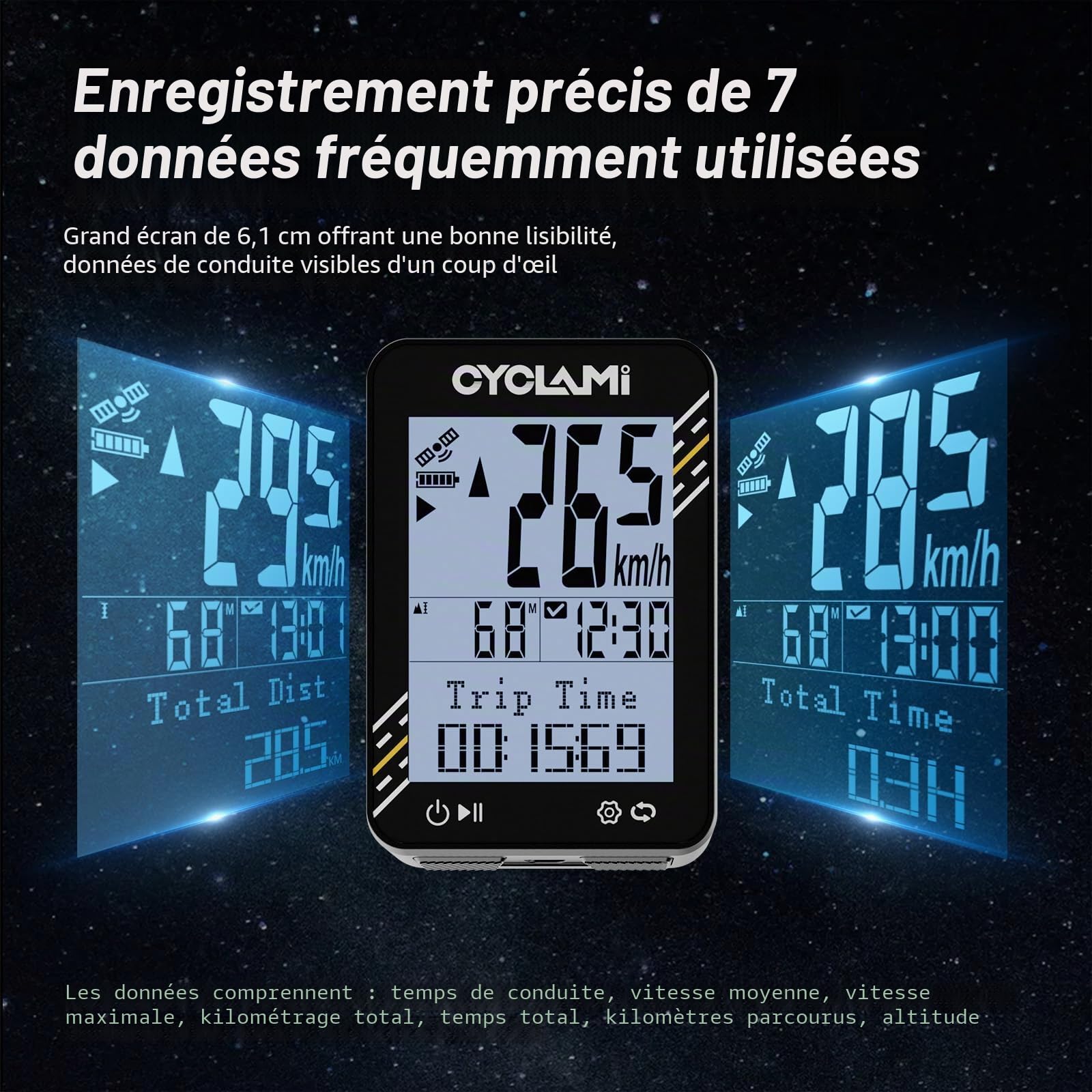 Compteur de vélo sans fil - Compteur de vélo GPS 5 satellites et compteur kilométrique - Écran de 2,4 pouces - Facile à lire même en plein soleil - 20 heures d'autonomie - Étanche IPX7