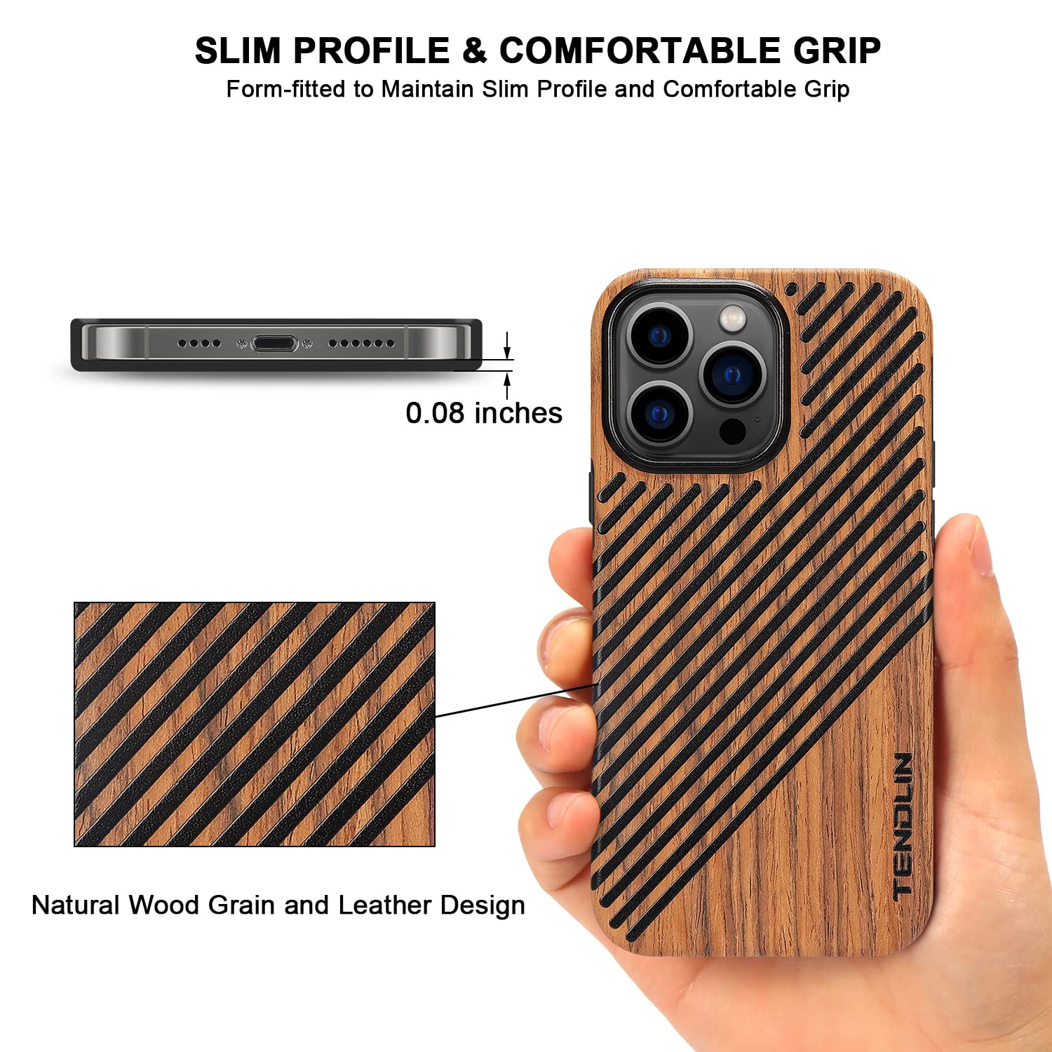TENDLIN Funda Magnética Compatible Con IPhone 14, Funda De Grano De Madera Con Textura De Fibra De Carbono Funda Hibrida Delgada De Cuero