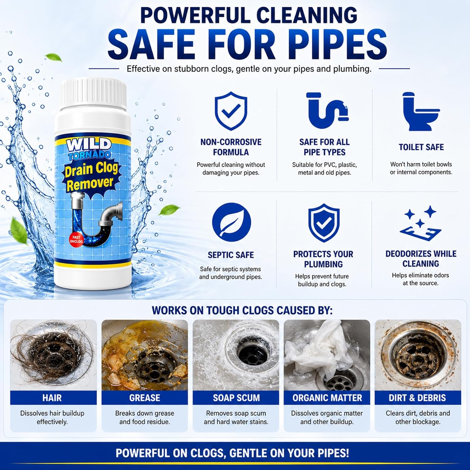 Drain Clog Remover 4 Pack, Sink Drain Cleaner Fast Foaming, Clogged Drai Remover Rapidly by Dissolve Impurities, Quick Cleaning Tool for Pipes & Toilet, Kitchen Sinks, Bathroom Showers（480g）
