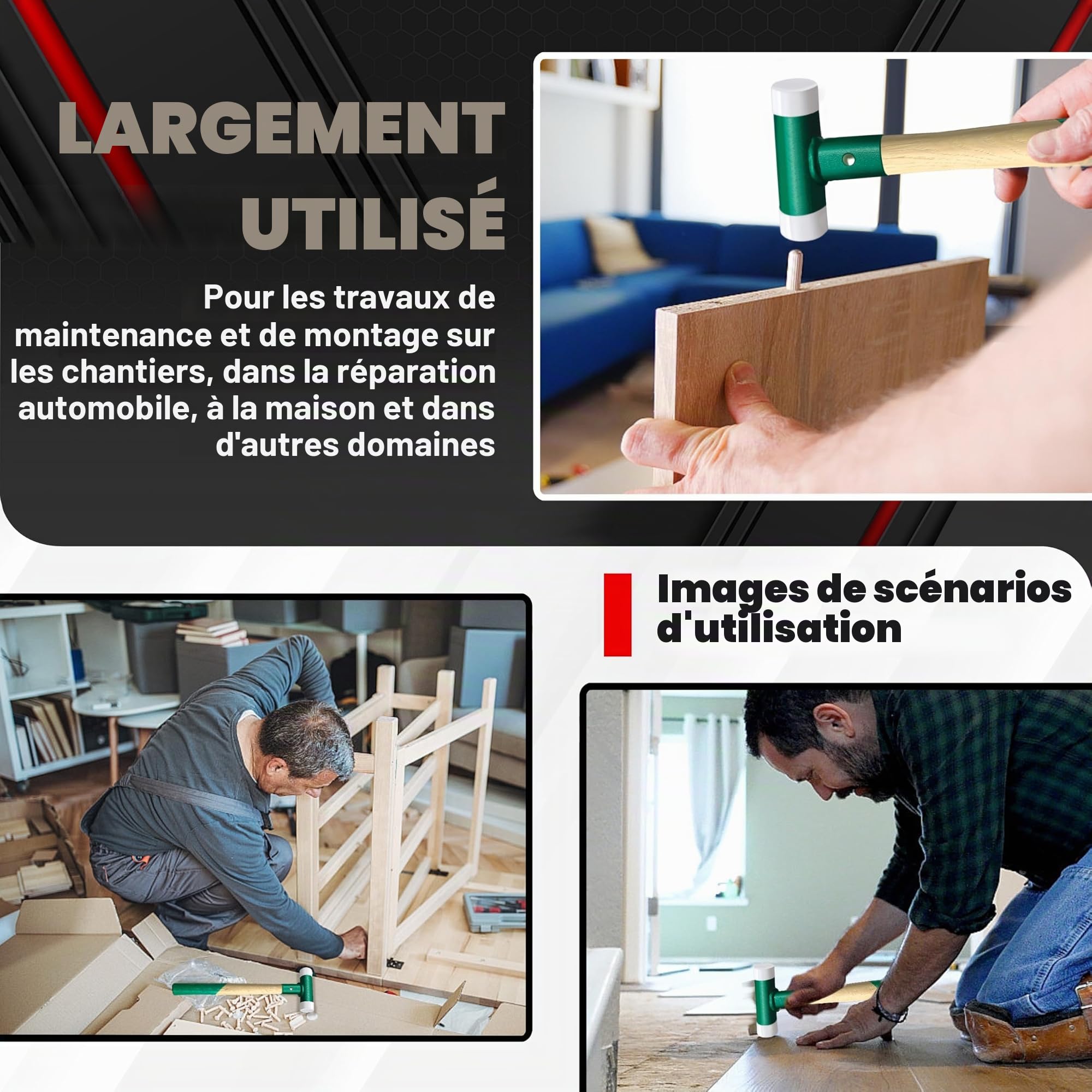 C&T Marteau de protection, maillet souple, diamètre : 30 mm, manche en bois avec tête en nylon interchangeable pour l'entretien et le montage, poignée en bois de 30 mm