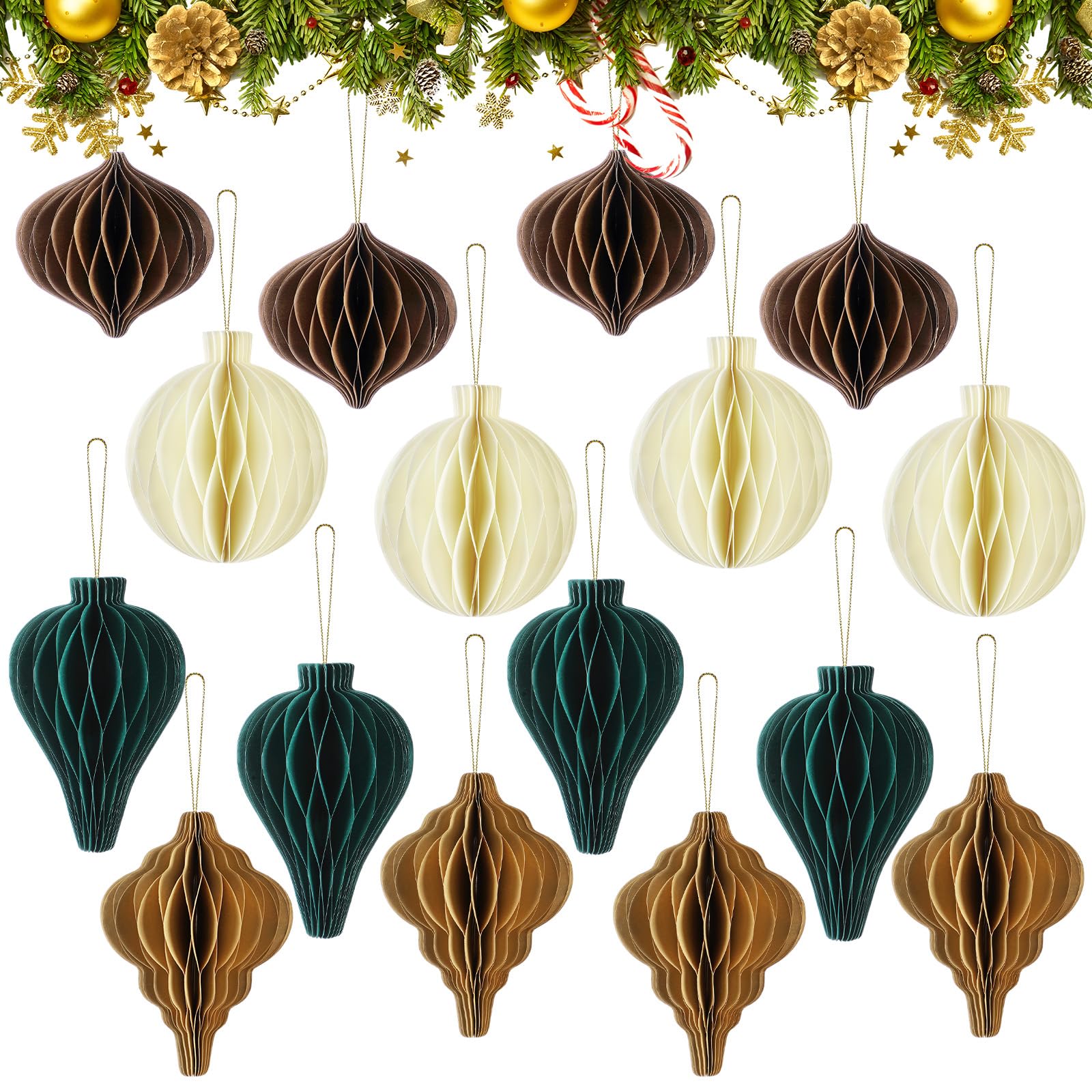 Gilprop 16 Pcs Christmas Paper Honeycomb Decorations 3D Christmas Party Decorations Hanging Honeycomb Balls Ornaments Tissue Paper Pom Poms for Christmas Tree Xmas Holiday Party Decor