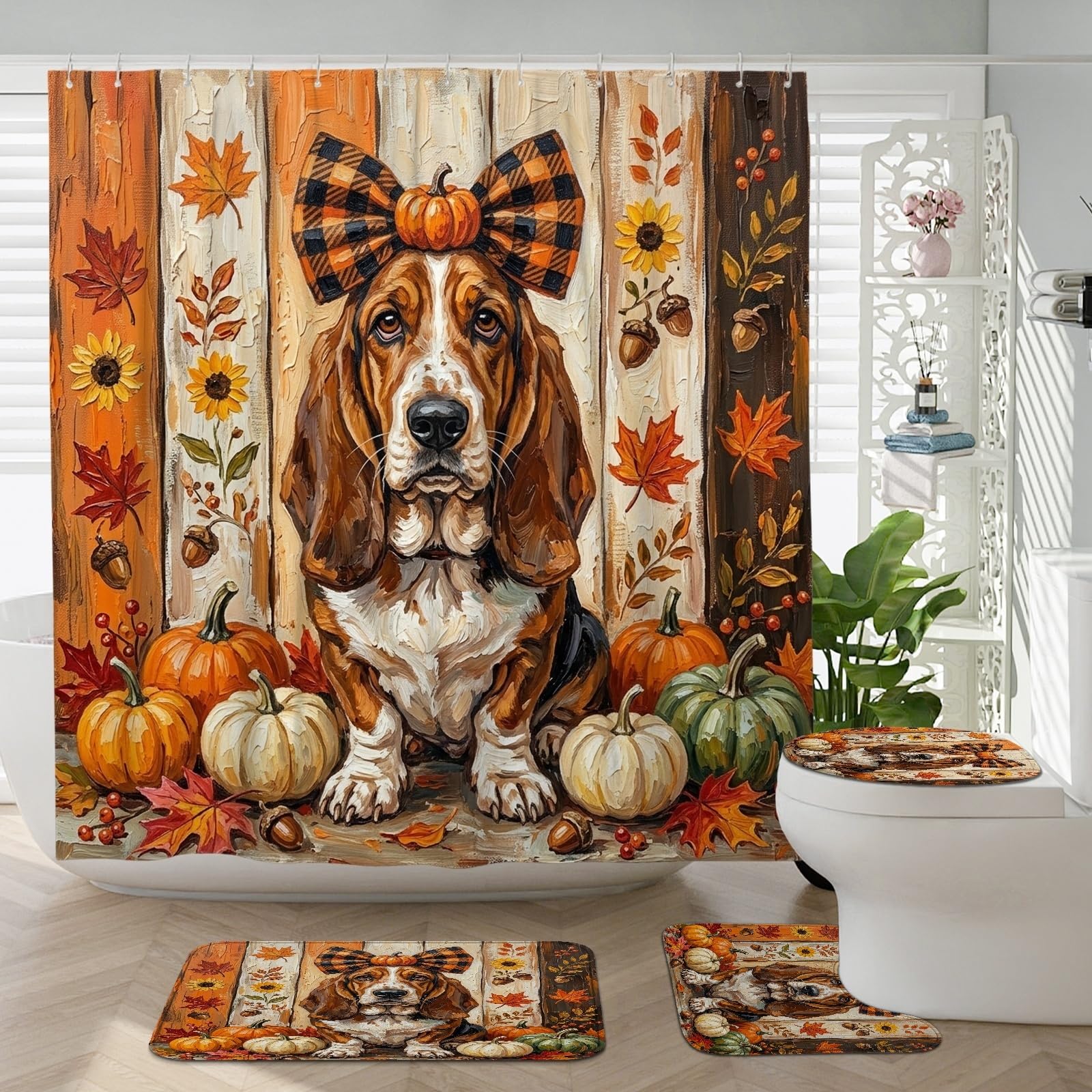 Décoration de salle de bain bois de ferme avec tapis basset rustique lot de 4