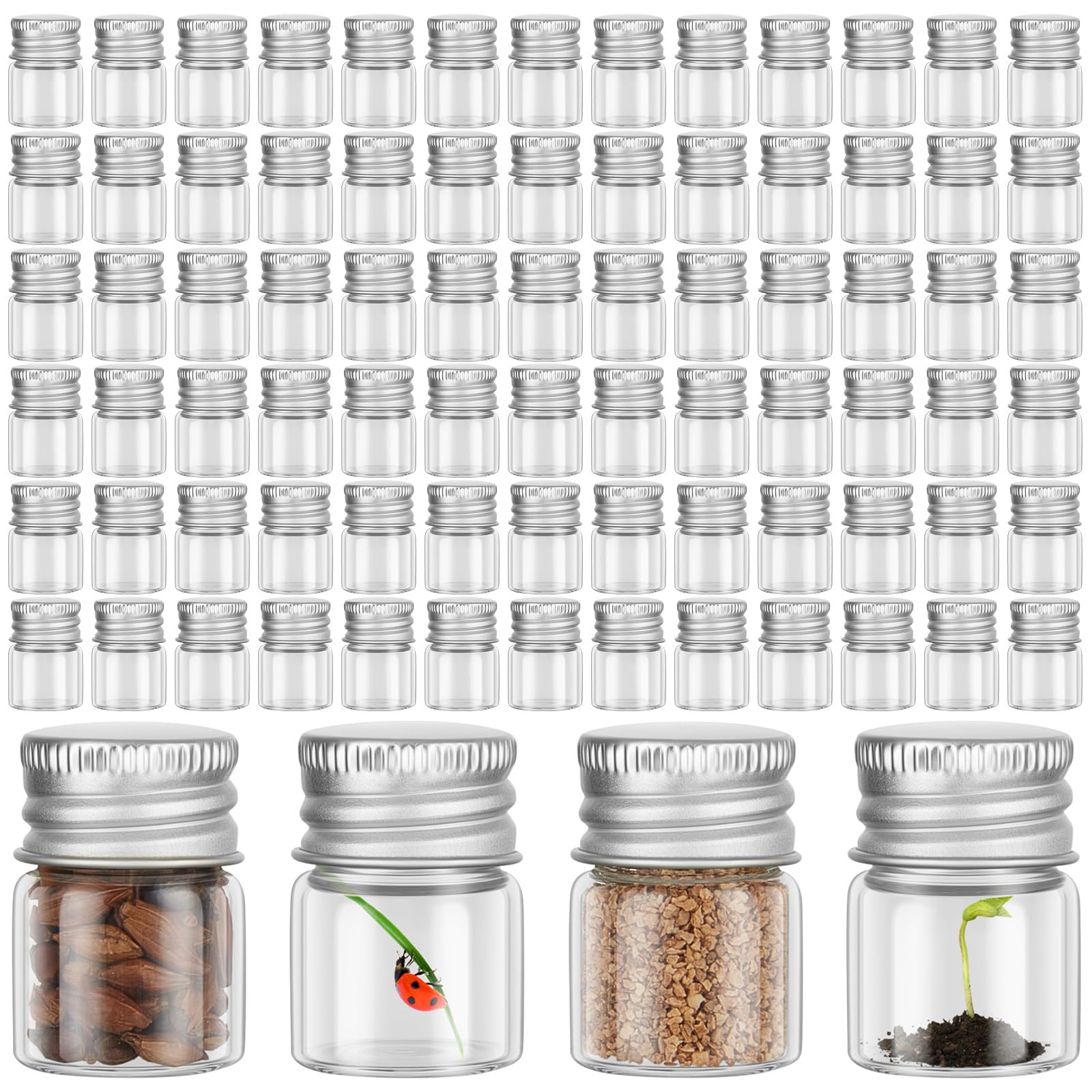 Tessco for you 400 Pcs 5 ml Mini Glass Bottles with Aluminum Cap Tiny Jars Mini Glass Jars Small Clear Vials with Screw Caps Tiny Containers for DIY Craft Storage (Silver)