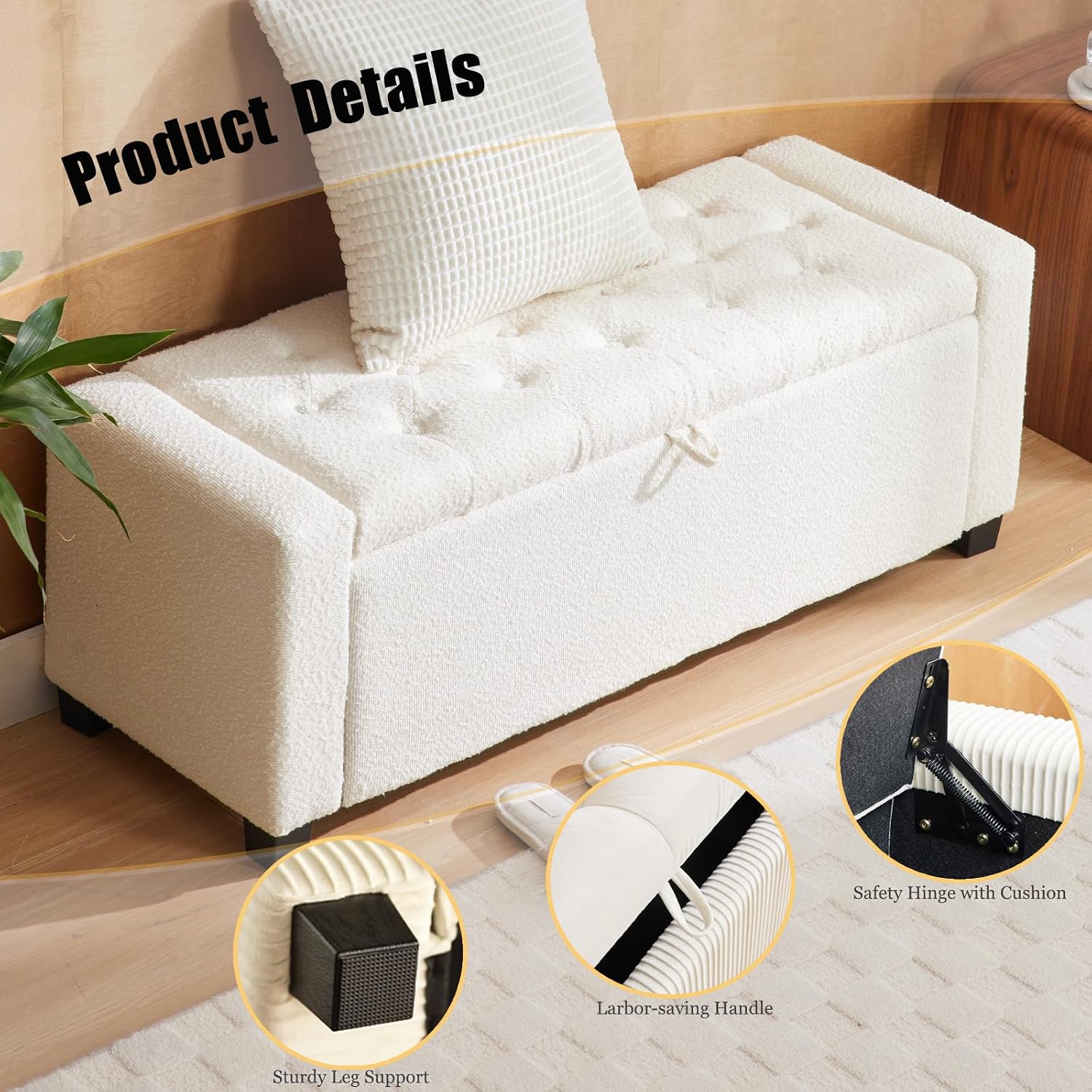 43 Inch Boucle End of Bed Storage Bench, Ottoman with Storage | Storage Ottoman Bench, Safety Hinge, Holds 330 Lbs, Seat for Entryway, Living Room, Bedroom & End of Bed