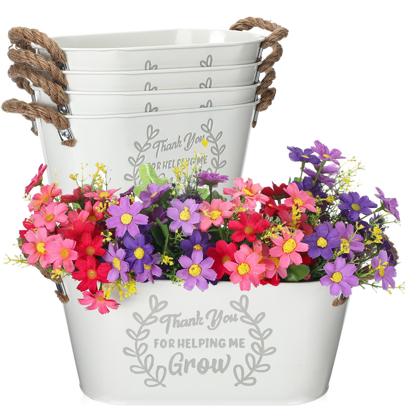 4 macetas ovaladas de metal blanco con mango pequeño para regalo de jardinería, regalo para amantes de las plantas, agradecimiento por ayudarme a crecer, 4 unidades