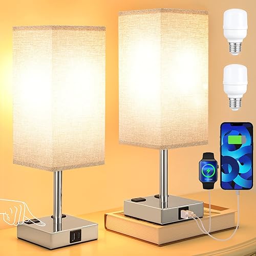 Miniatura 9 de aooshine Juego de 2 lámparas táctiles para mesita de noche con puertos de carga USB-C+A y salidas de CA, lámpara de noche regulable de 3 vías con
