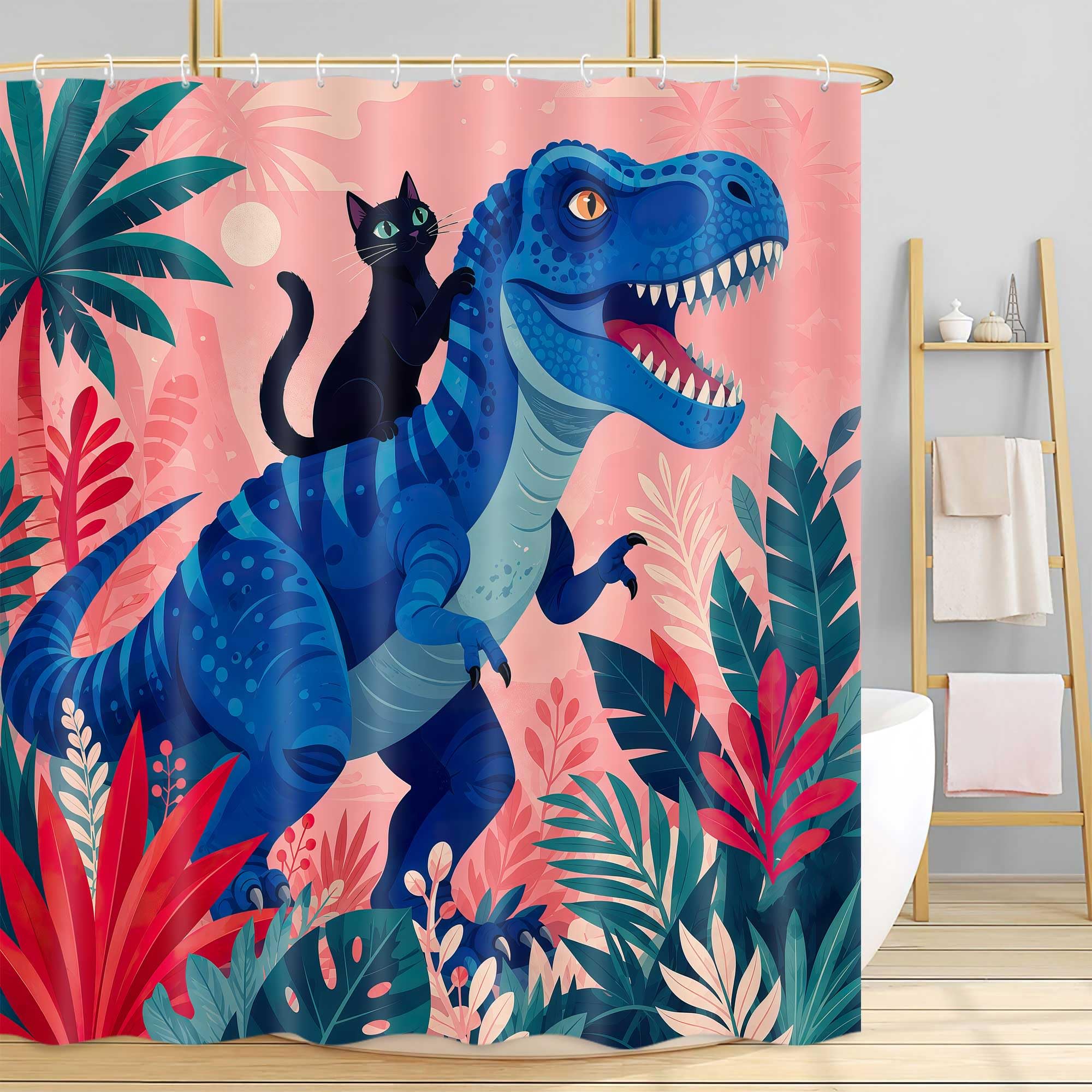 Boziqr Funny Cat Riding Dinosaur Shower Curtain, Boys Kids Bathroom Decor
