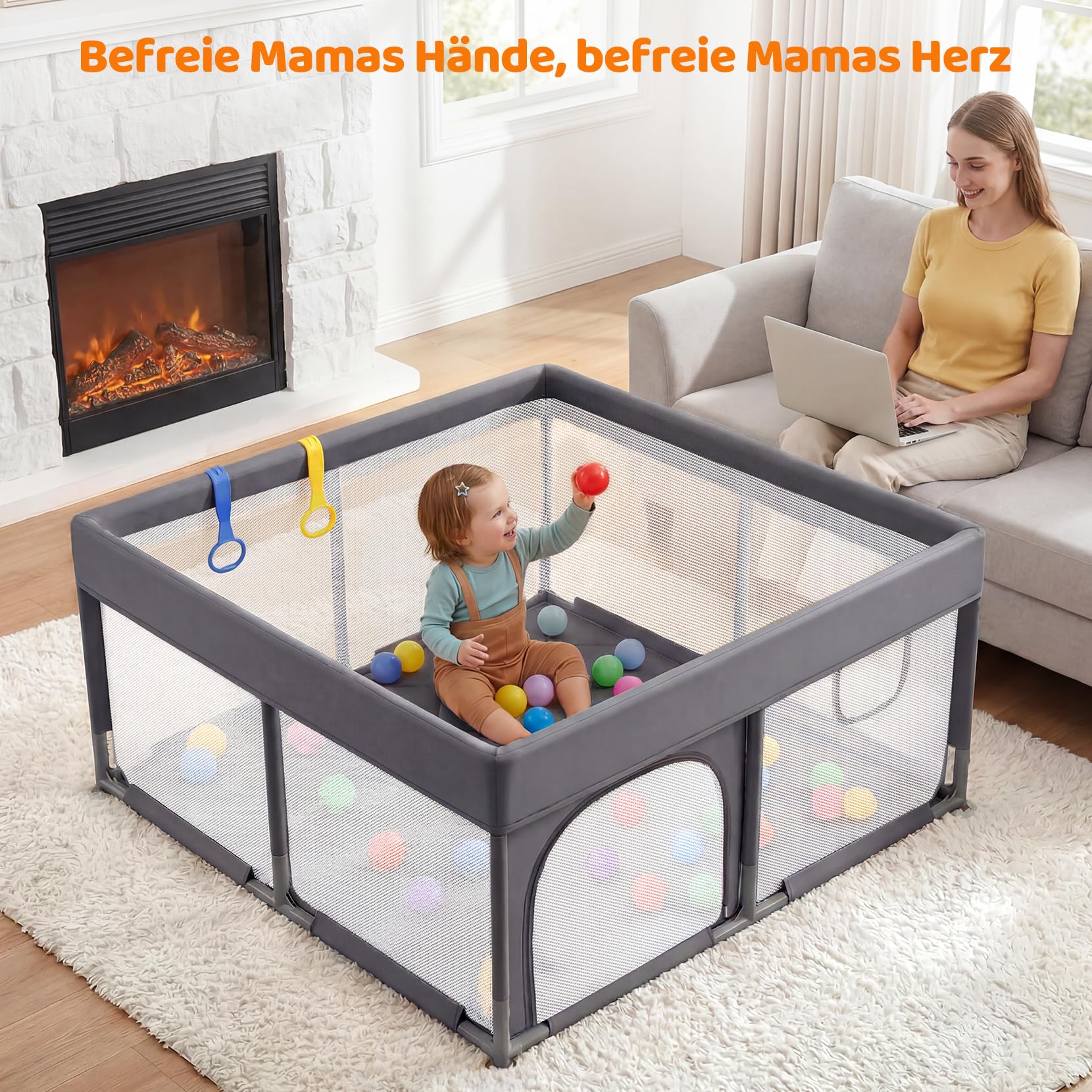 Dripex Laufstall Baby, Großes Laufgitter Baby faltbar für 2-3 Kinder, Indoor & Outdoor laufgitter & -Ställe mit atmungsaktivem Netz & 5 Pull-up Rings, 47x71", Hellgrau | All-in-One Design mit rundum gepolstertem Rahmen, integrierter Matte, 2 Greifringen u
