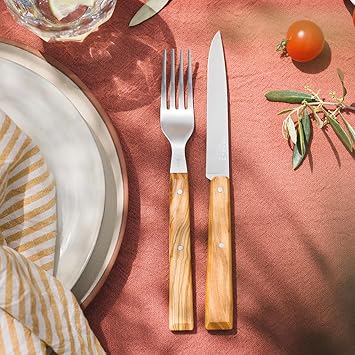 Opinel Table au Soleil Set - 8 Piece Flatware Set, 4 Sylve Olive Wood Forks + 4 Bon Appetit Olive Wood Knives