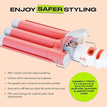 INH Hair Waver 3 Barrel | Ceramic Curling Iron for Beach Waves | Wavy Hair Curler for Fine, Thin, Thick, Long & Short Hair | Dual Voltage Deep Waver w/LED Screen & 360o Swivel Cord for Easy Styling