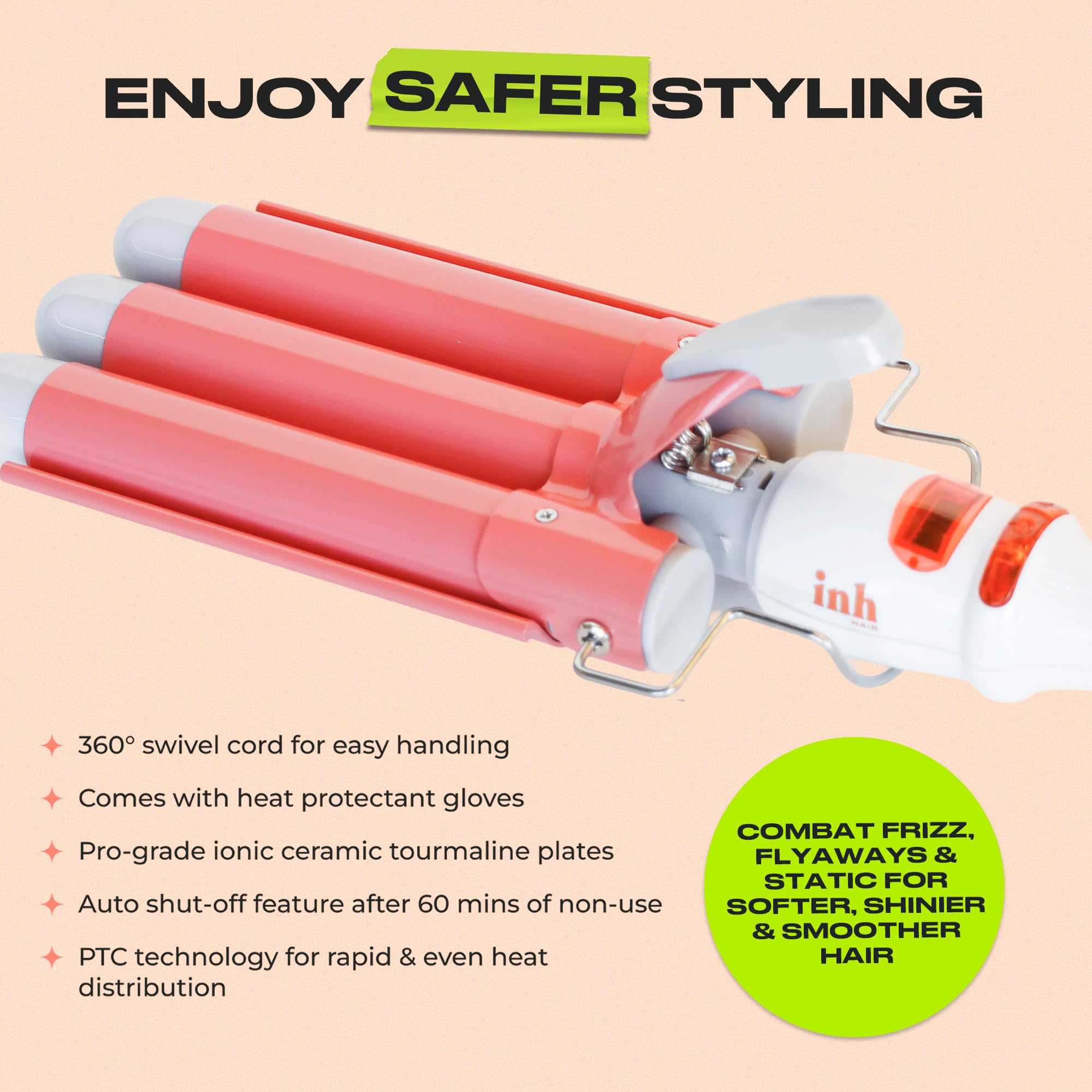 INH Beach Waver Curling Iron | Hair Waver 3 Barrel Ceramic Curler