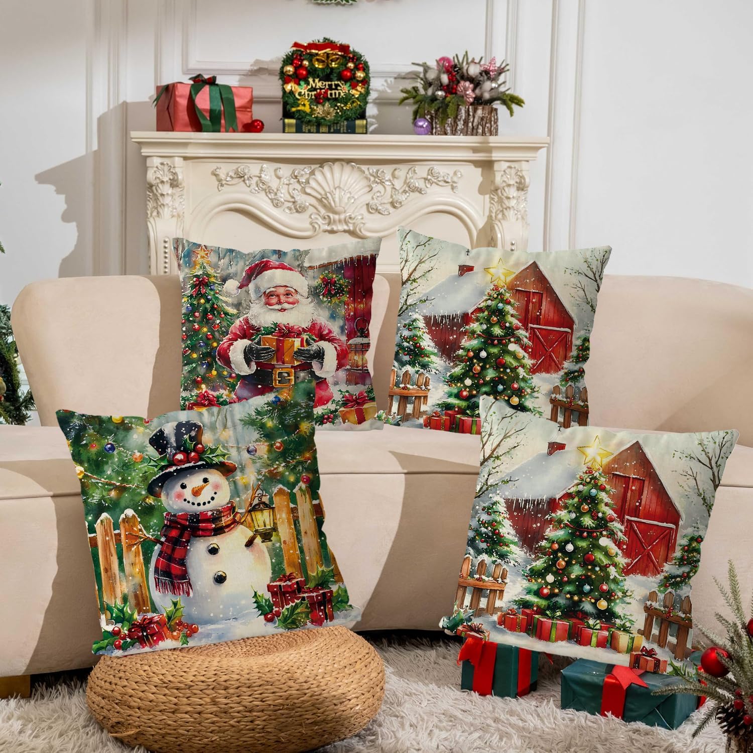 Christmas Pillow Covers Snowman Santa Derr Decorations Xmas Throw Pillows Covers Home Sofa Living Room Decorative Cushion Case 18x18 Inch Set of 4
