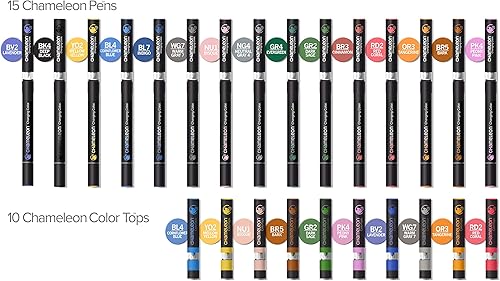 Miniatura 2 de Chameleon Juego de bolígrafos artísticos, 25 bolígrafos de lujo (15 bolígrafos + 10 tapas de colores), multicolor, punta de cincel de 0.012 in,