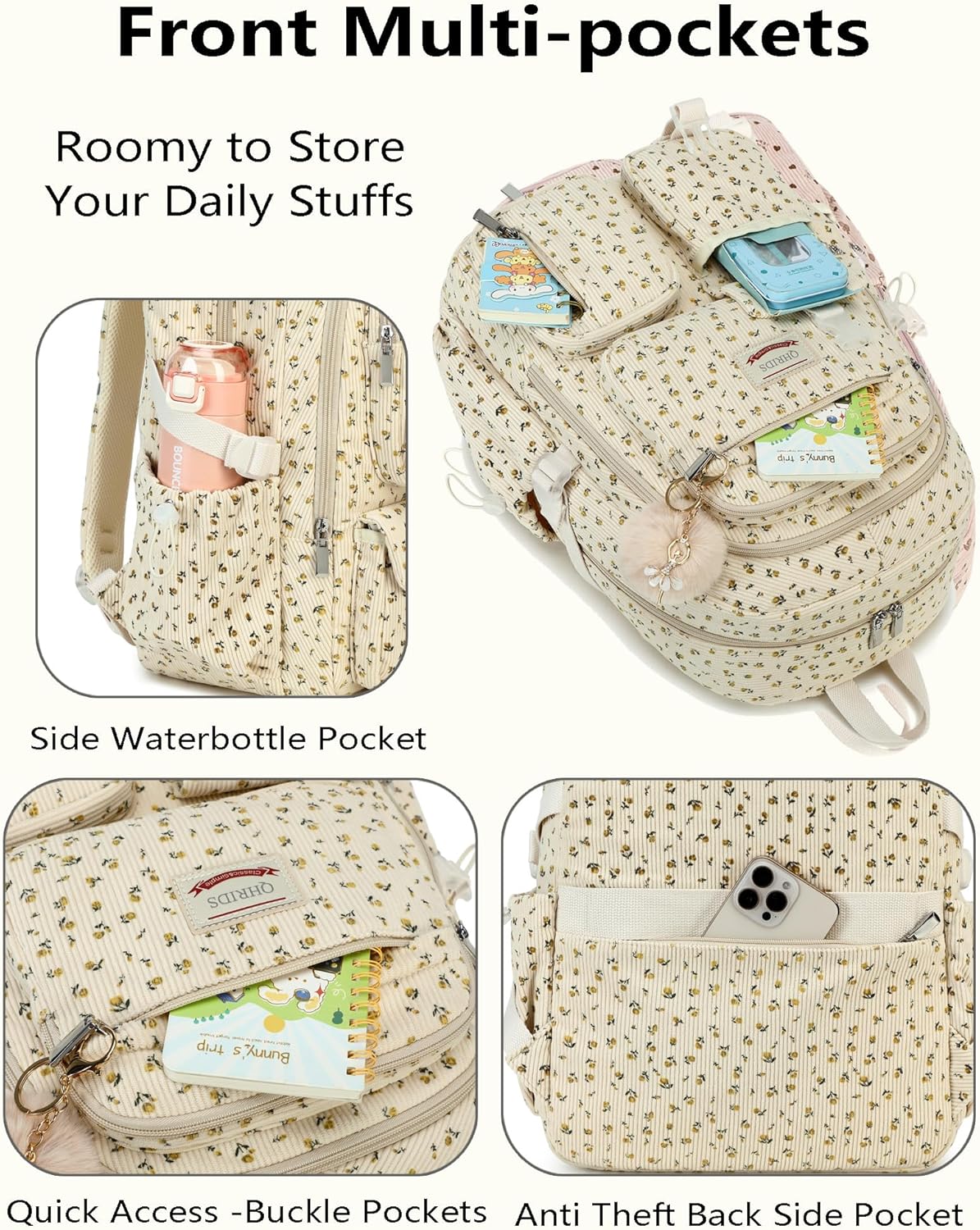 Backpack for Girls Big Student Corduroy Laptop Backpack for College Kids Elementary Middle High School Bag Anti Theft Bookbag Travel Daypack Womens(Corduroy Beige Floral) - Image 3