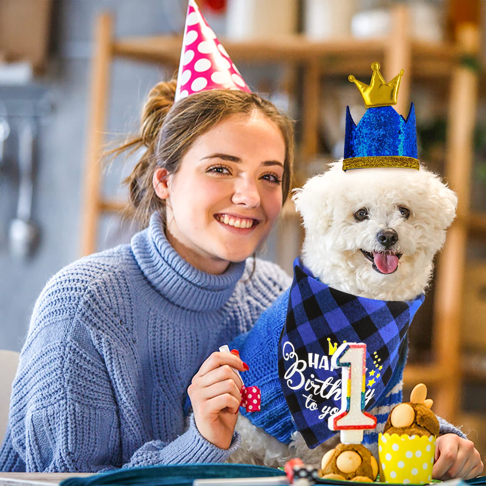 Cobee Urodzinowa bandana dla psa zestaw muszki, 3 sztuki artykuły na przyjęcie urodzinowe dla psa w kratę bandana błyszcząca korona czapka brokatowa muszka obroża dla małych średnich psów