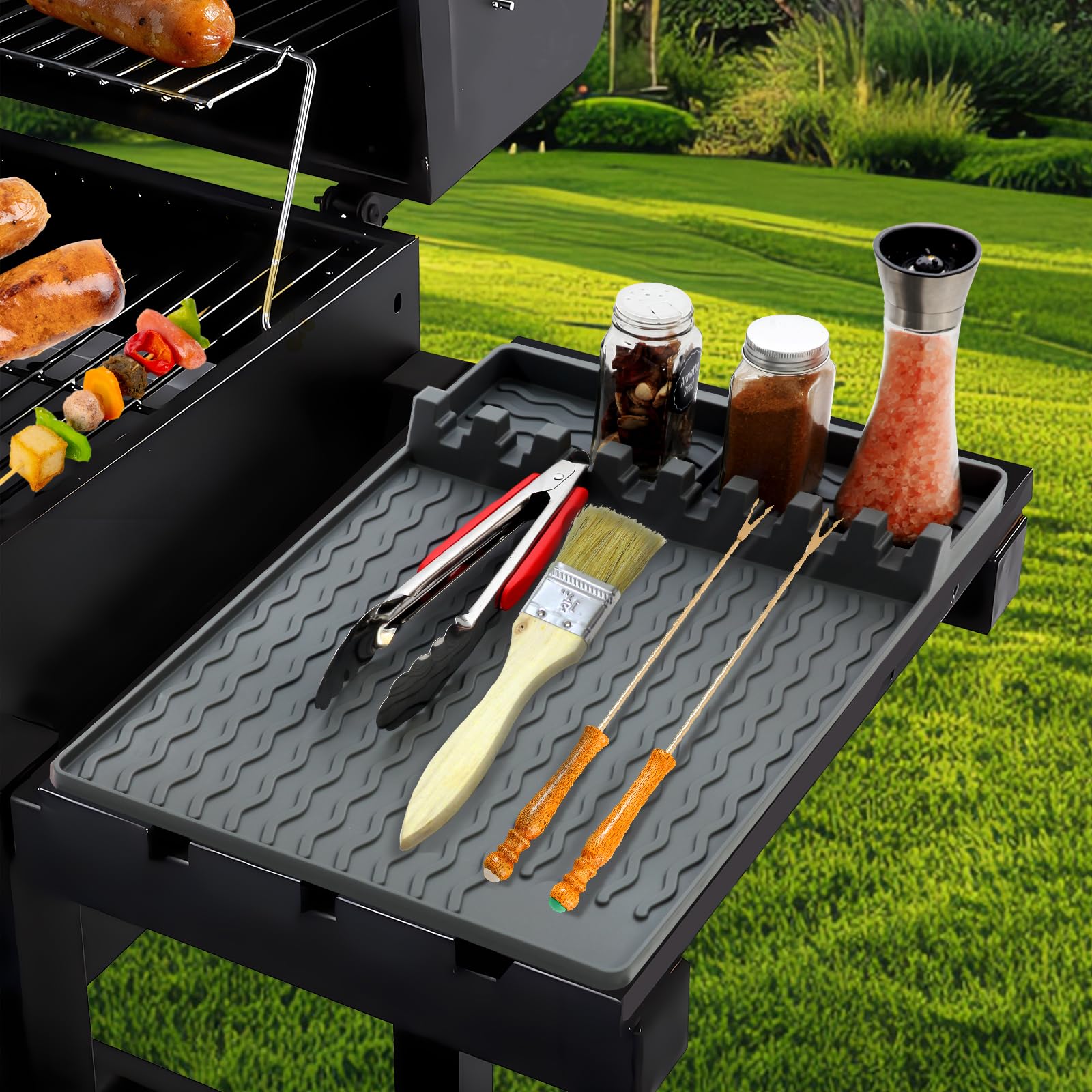 MOBGOSSA Griddle Tools Mat for Blackstone, Heat Resistant Spatula Mat with Drip Pad, BBQ Grill Tool Mat, Silicone Grill Pad, Blackstone Griddle Accessories for Kitchen, Cooking & Countertop (Gray?