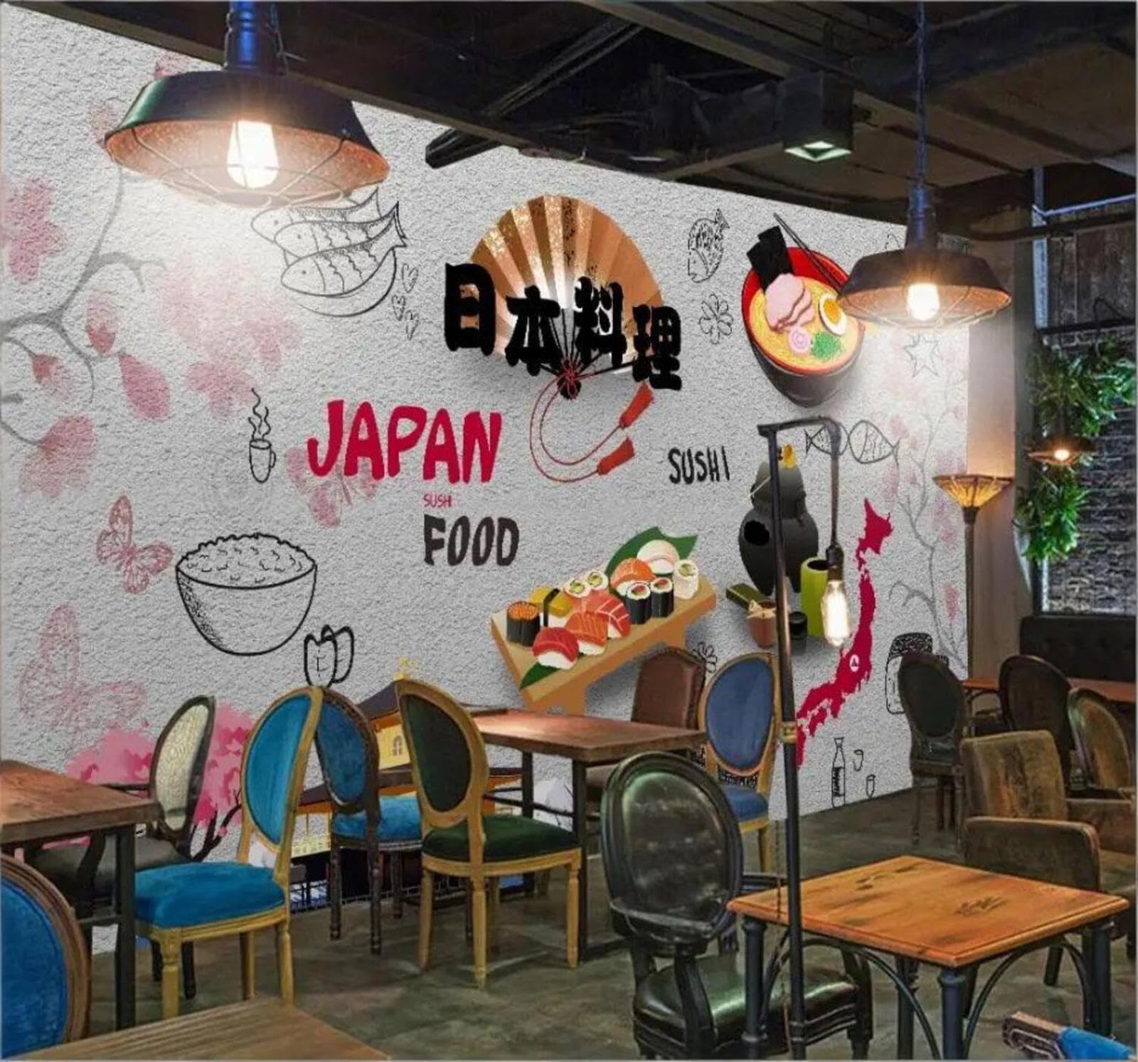 Tzxztt 430Cm×300Cm(B×H) Vintage Hand Painted Gourmet Sushi Restaurant Modern 3D Wallpaper Premium Textured Silk Neutral Tones Material Ideal For Living Room Bedroom-430Cm×300Cm