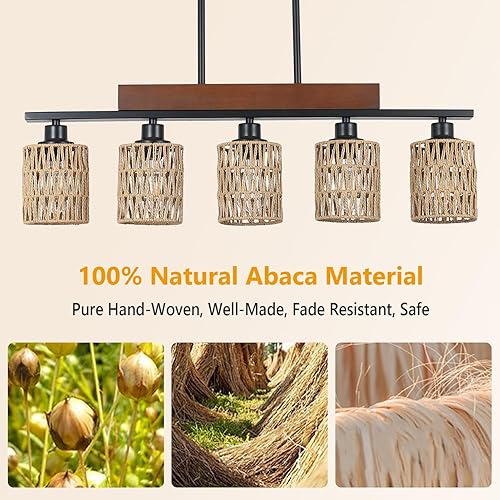 Miniatura 3 de Candelabros de ratán para comedor, iluminación de isla de cocina bohemia, lámpara lineal de 5 luces, lámpara colgante rectangular, candelabros de