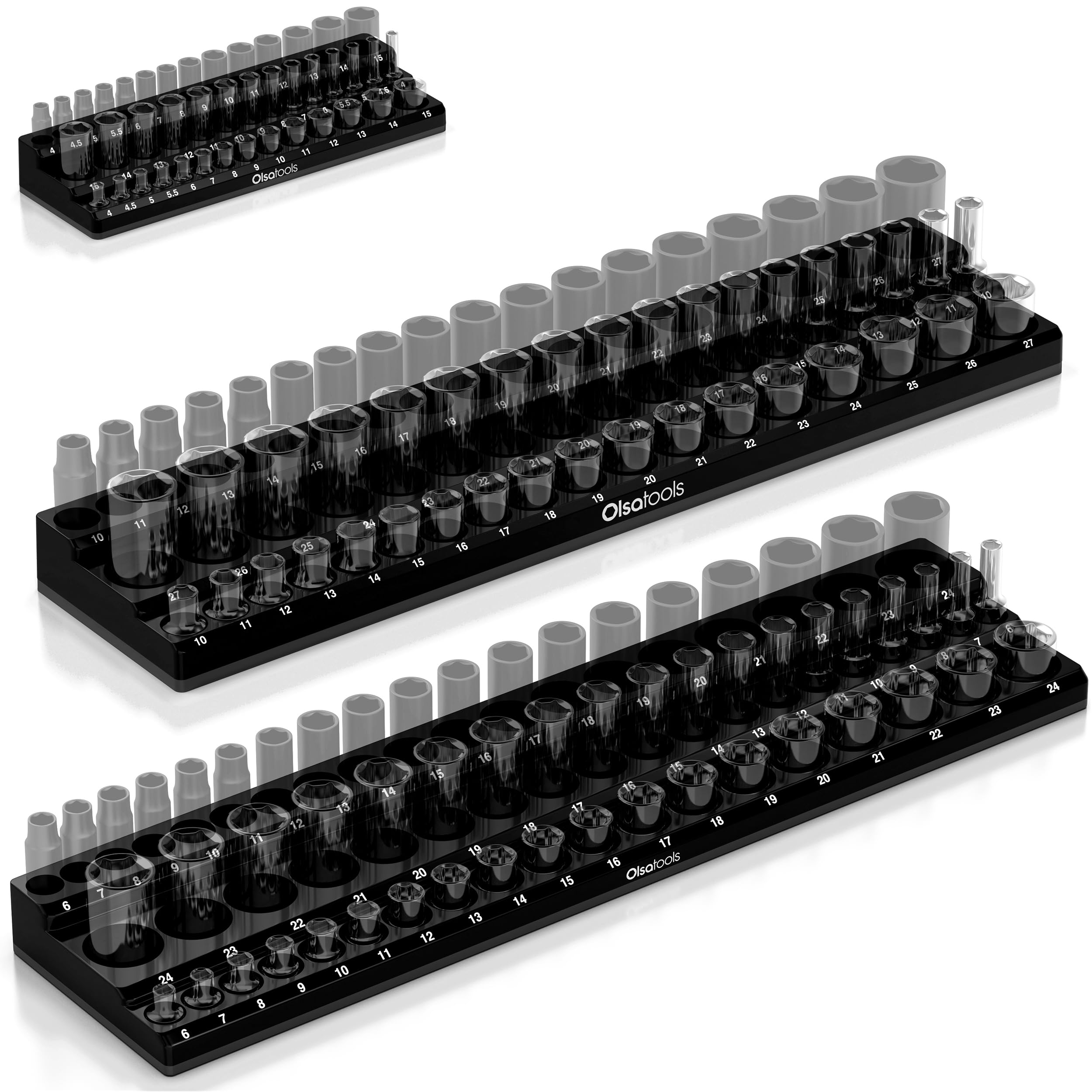Olsa Tools Magnetic Socket Organizer | 3pc Socket Holder Kit | 1/2-Inch, 3/8-Inch, 1/4-Inch Drive | Socket Organizers For Toolboxes | Black | Holds
