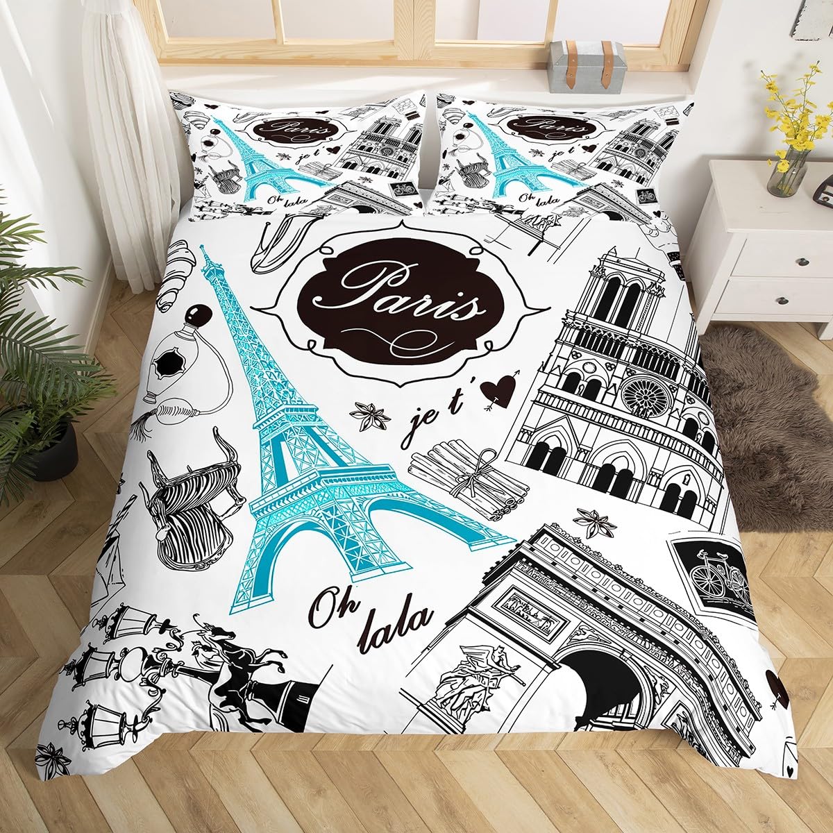 Manfei Paris Duvet Cover Set Full Size Blue Eiffel Tower Comforter Cover France Famous Buildings Print Bedding Set 3pcs for Kids Boys Teens, Black White Bedspread Cover with 2 Pillowcases,No Comforter