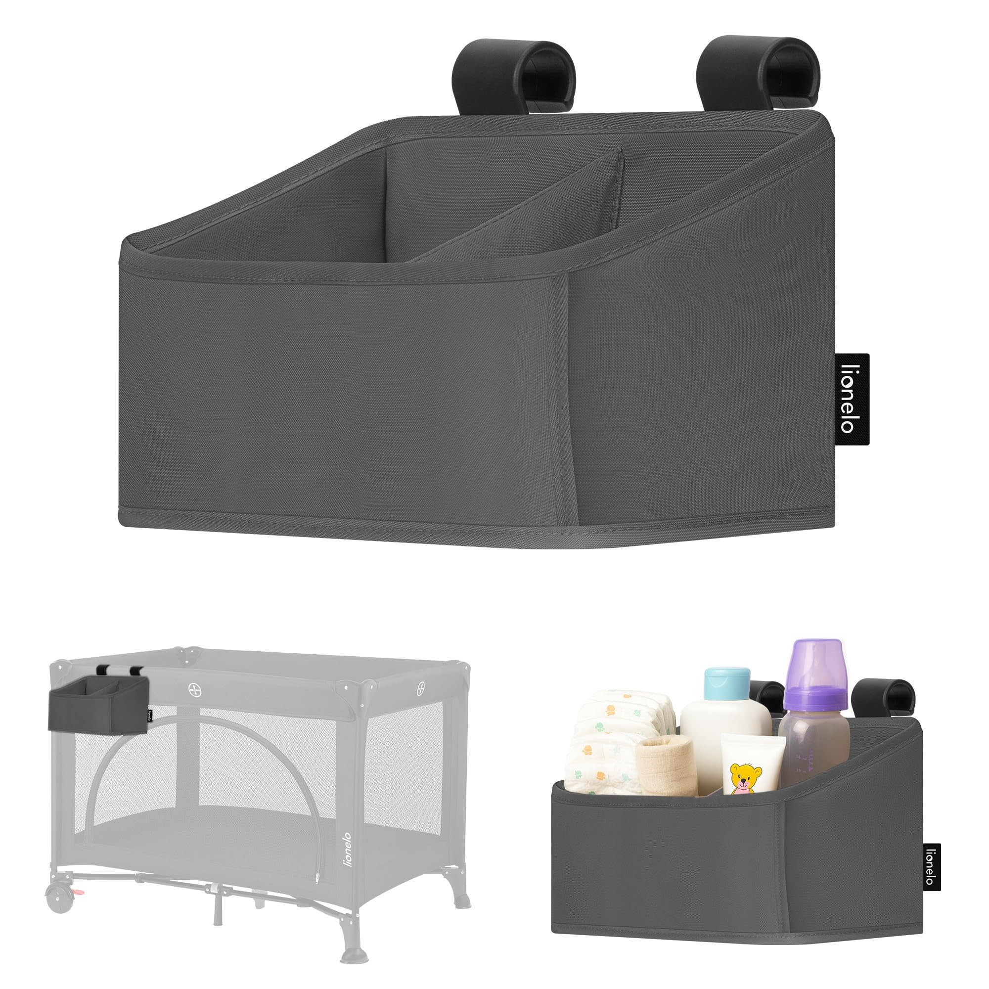 lionelo Sidepocket Small Hanging Nursery Organiser 26×12×15 cm – Compact Cot Storage with 2 Compartments – Fits Travel Cots, Bedside Cots, Cribs & Playpens
