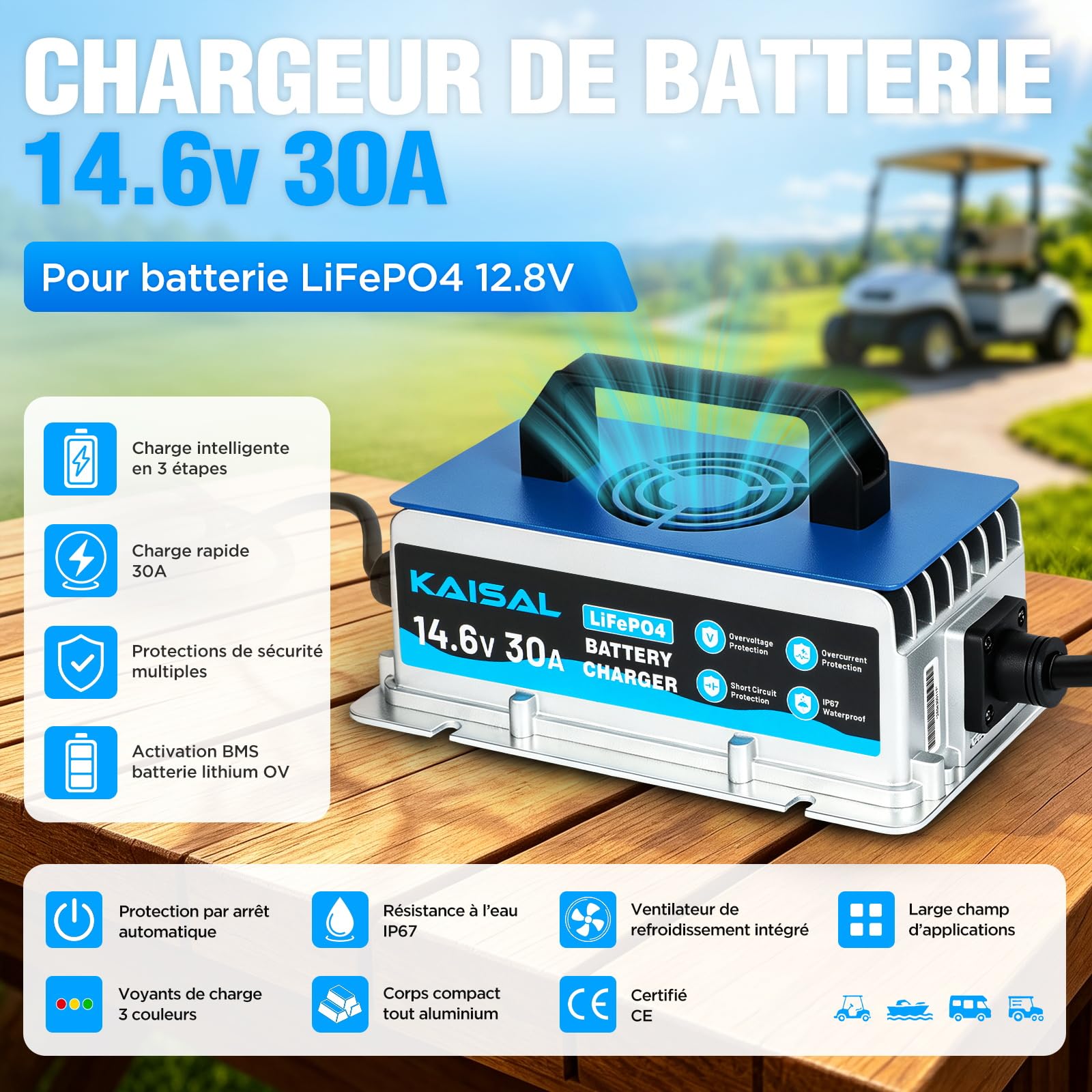 KAISAL 12V 30A Chargeur de Batterie Lithium, 14.6V Chargeur LiFePO4