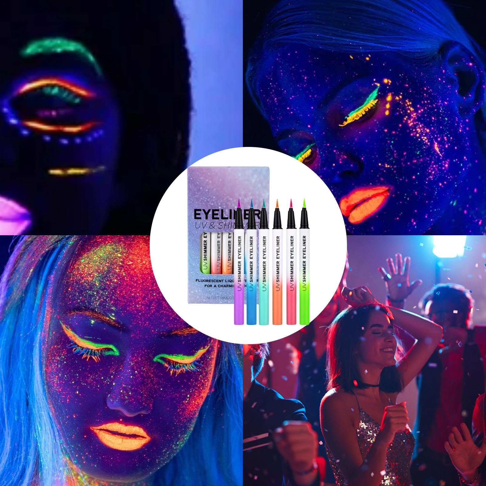 Eyeliner Fosforescenti Penna Trucco Eyeliner Gel Liquido Naturale Brillante | Occhi Impermeabile con Glitter e Tratto Liscio Set Donna 6 Pezzi per Performance Live, Dance, Quotidiano, Festa
