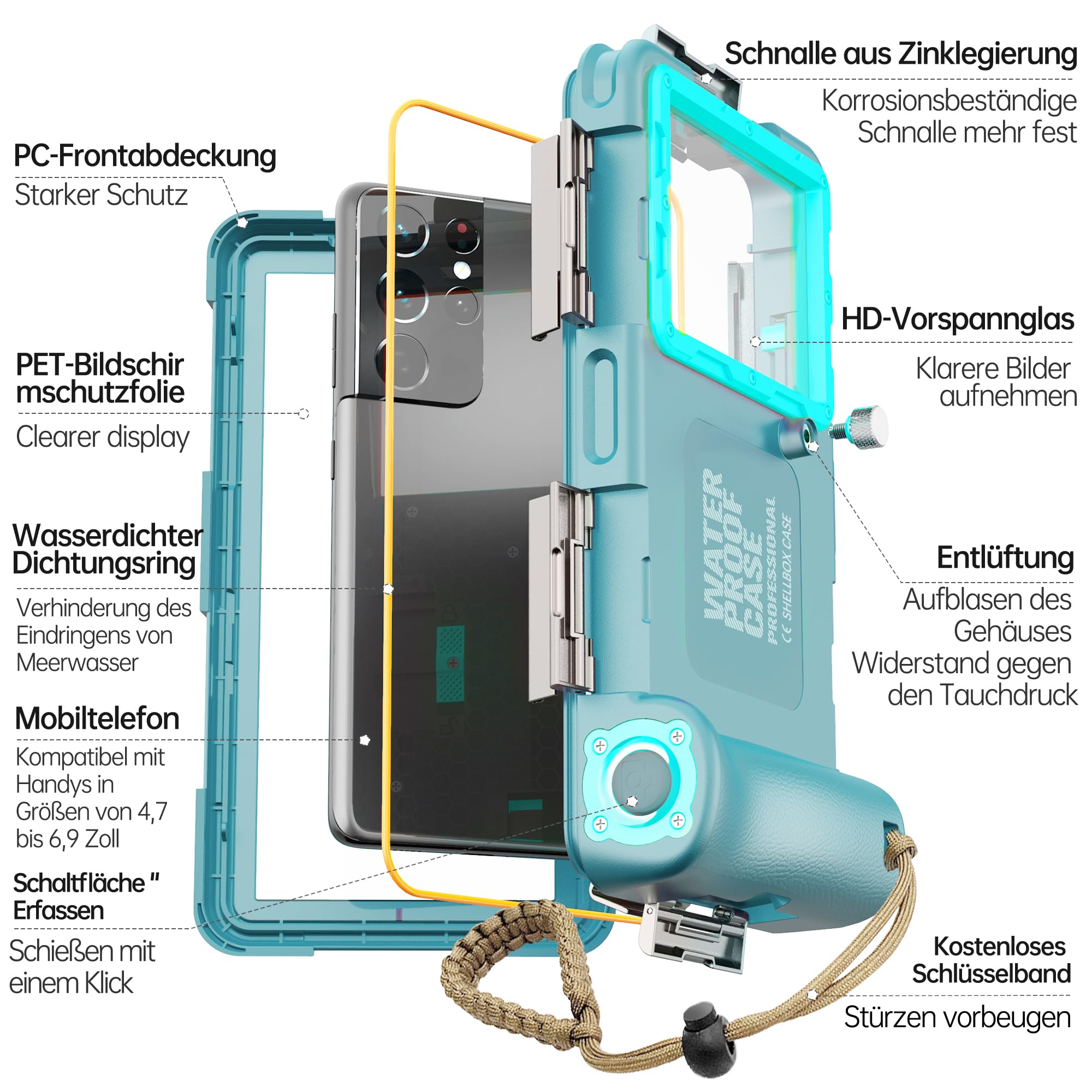 Universelle Unterwasser-Handy-Schutzhülle [50 Fuß/15 m] zum Schnorcheln, Tauchen, Schwimmen, Sport, Foto, Video, Gehäuse, kompatibel mit Handys in der Größe 4,7 bis 6,9 Zoll, iPhone, Samsung usw. | Foto-Video-Hülle kompatibel mit iPhone 17/16/15/14/13 Pro