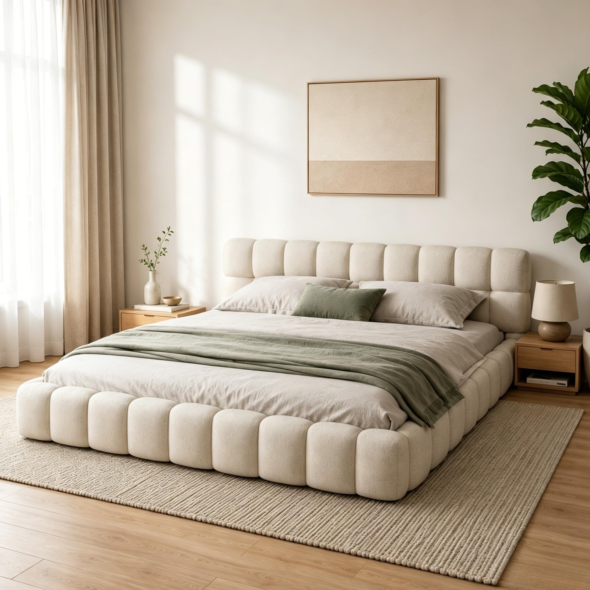 Cama tapizada Bubble de matrimonio (160 x 200 cm, incluye somier y respaldo suave), cama baja para jóvenes, estructura de cama de lino, sin colchón (Beige, 160 * 200)