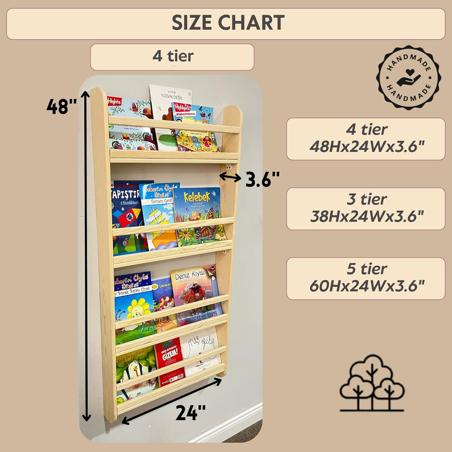 Kids Books Anti-Fall Front Lip Montessori Bookshelf, Handcrafted Slim Behind the Door Shallow Shelf, Front Facing Secure Design Wooden Toddler Bookcase, Pine Nursery Shelf for Small Spaces (4 tier)