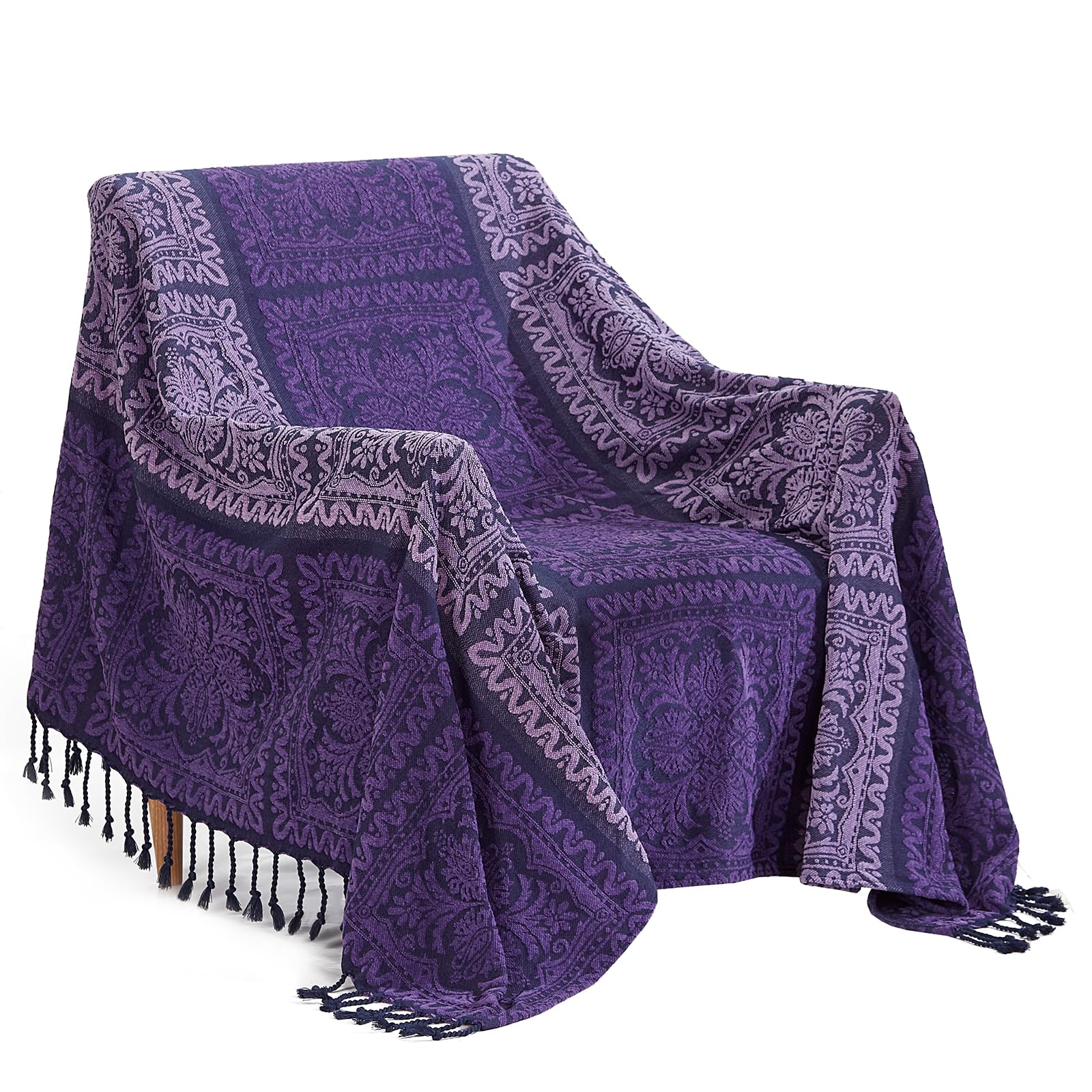 amorus Bohemian Throw Blanket, Chenille Jacquard Tassels Soft Chair Cover for Bed Couch, Decorative Sofa Chair Throws - Colorful Tribal Pattern (Purple, 60 x 75 Inches)