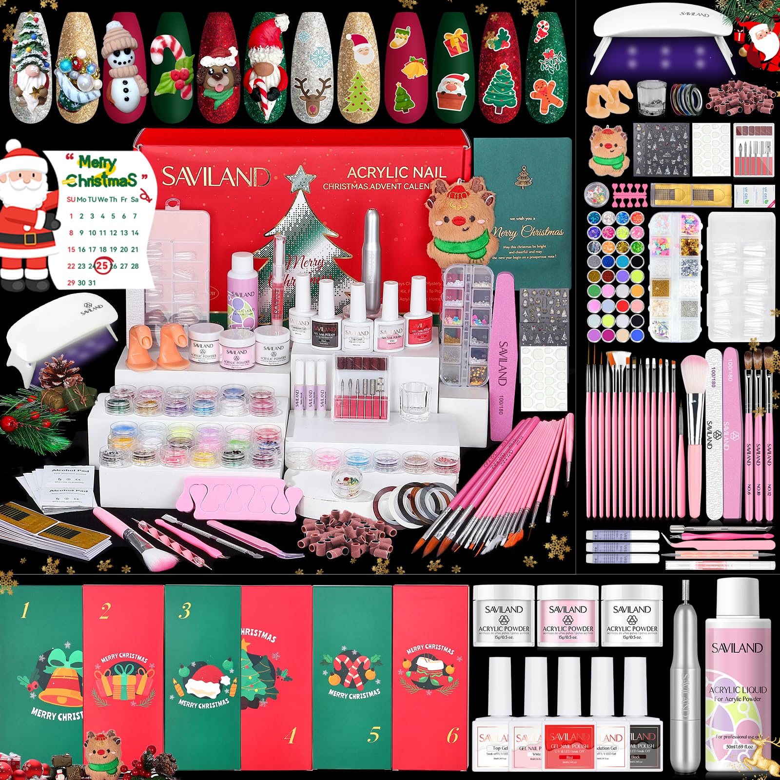 SAVILAND All-in-1 Acryl Nagelset für Weihnachten: Premium Acryl Nagelset mit Acrylpulver Weihnachtsstickern 24 Tage Weihnachtsmaniküre Geschenkset für Frauen und Mädchen Limitiertes Wintergeschenk