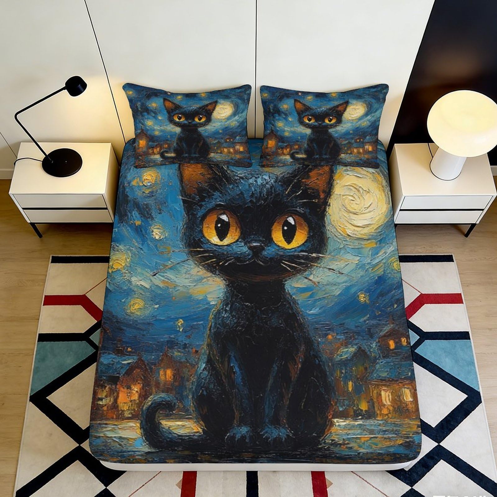 3D Printed Starry Night Black Cat Fitted Sheet Microfiber Soft Non-Slip Bed Cover for Bedroom Dorm Artistic Decor 90x200x25cm